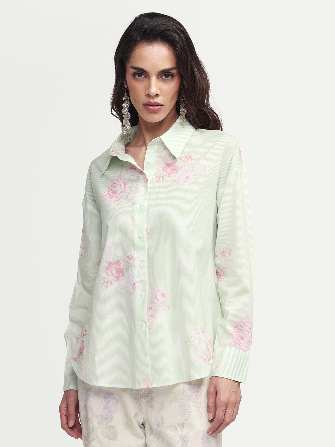 Rareism Women's Horu Light Green Cotton Full Sleeve Spread Collar Button Oversized Floral Print Shirt