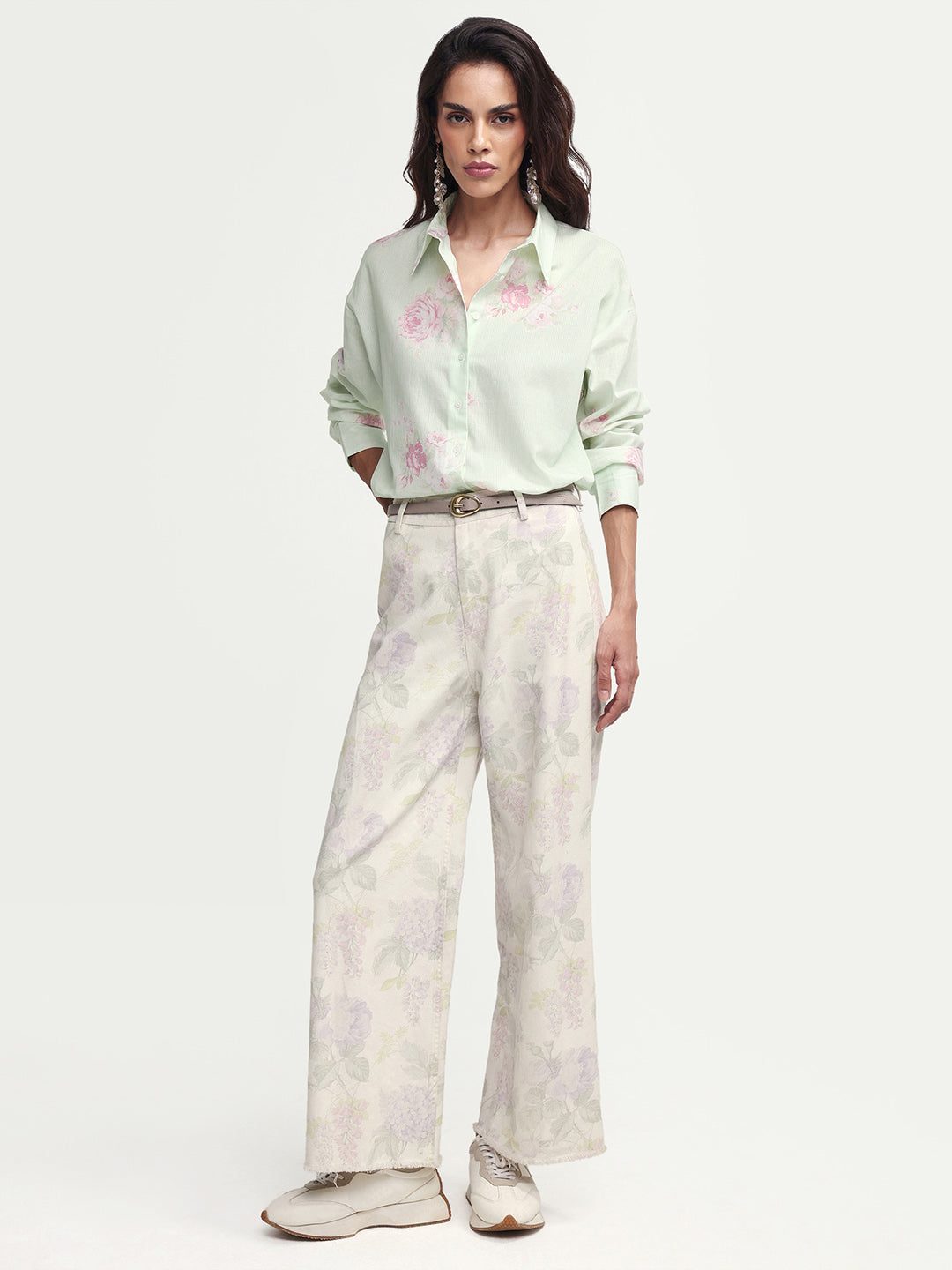 Rareism Women's Horu Light Green Cotton Full Sleeve Spread Collar Button Oversized Floral Print Shirt