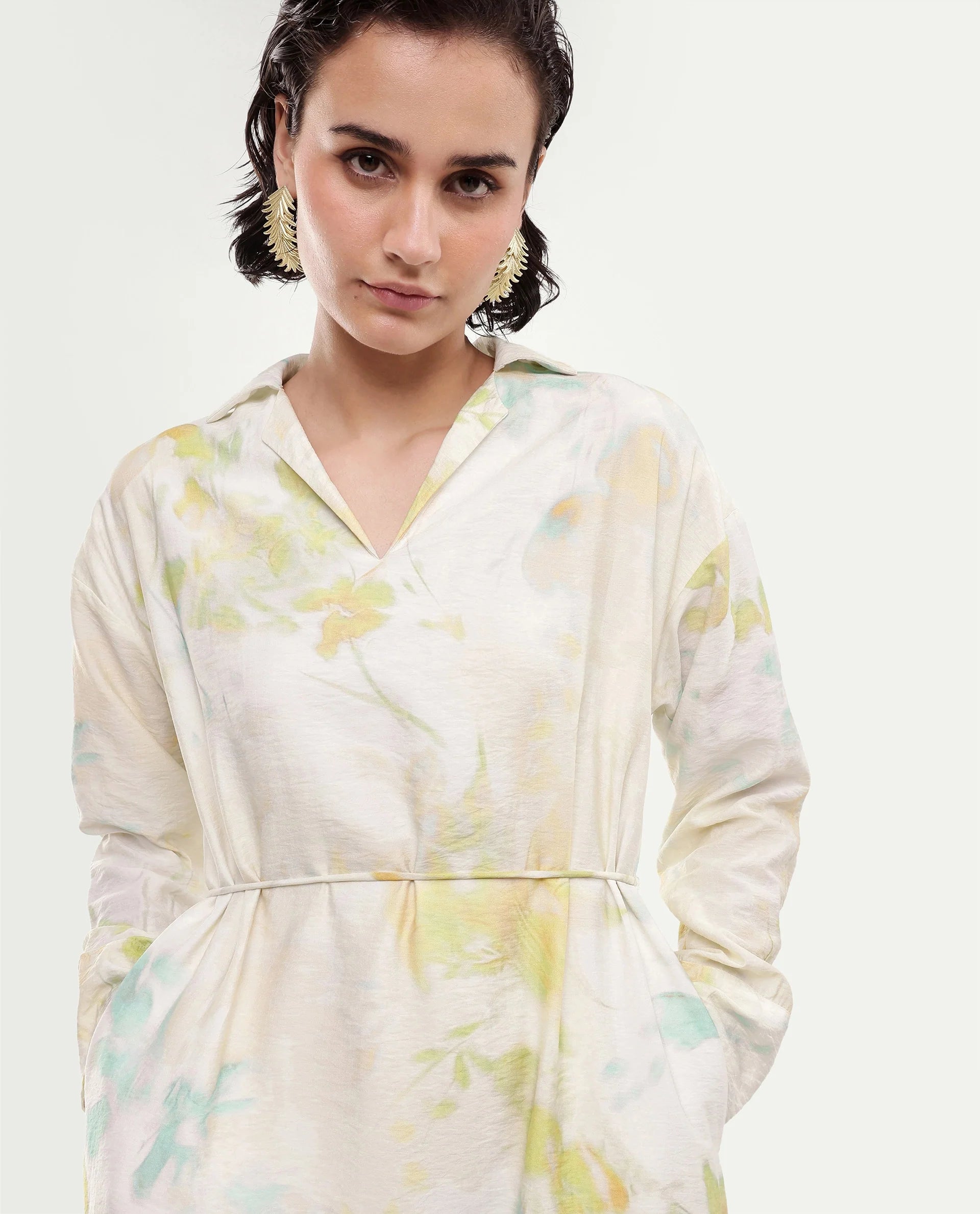 Rareism Women's Hrix Light Green Viscose Blend Lapel Neck A-Line All Over Print Dress