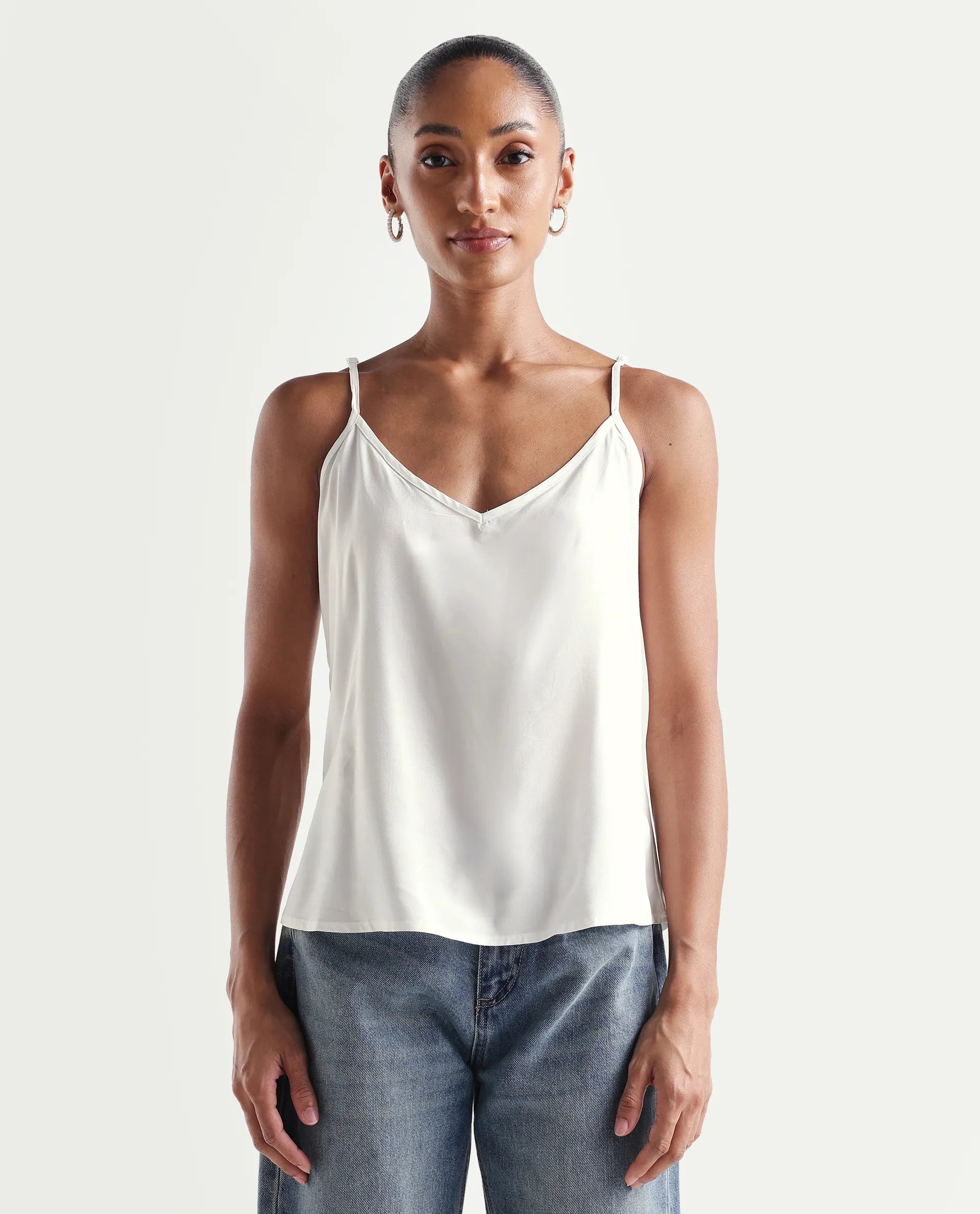 Rareism Women's Hura Off White Viscose Blend Band Collar Regular Plain Top