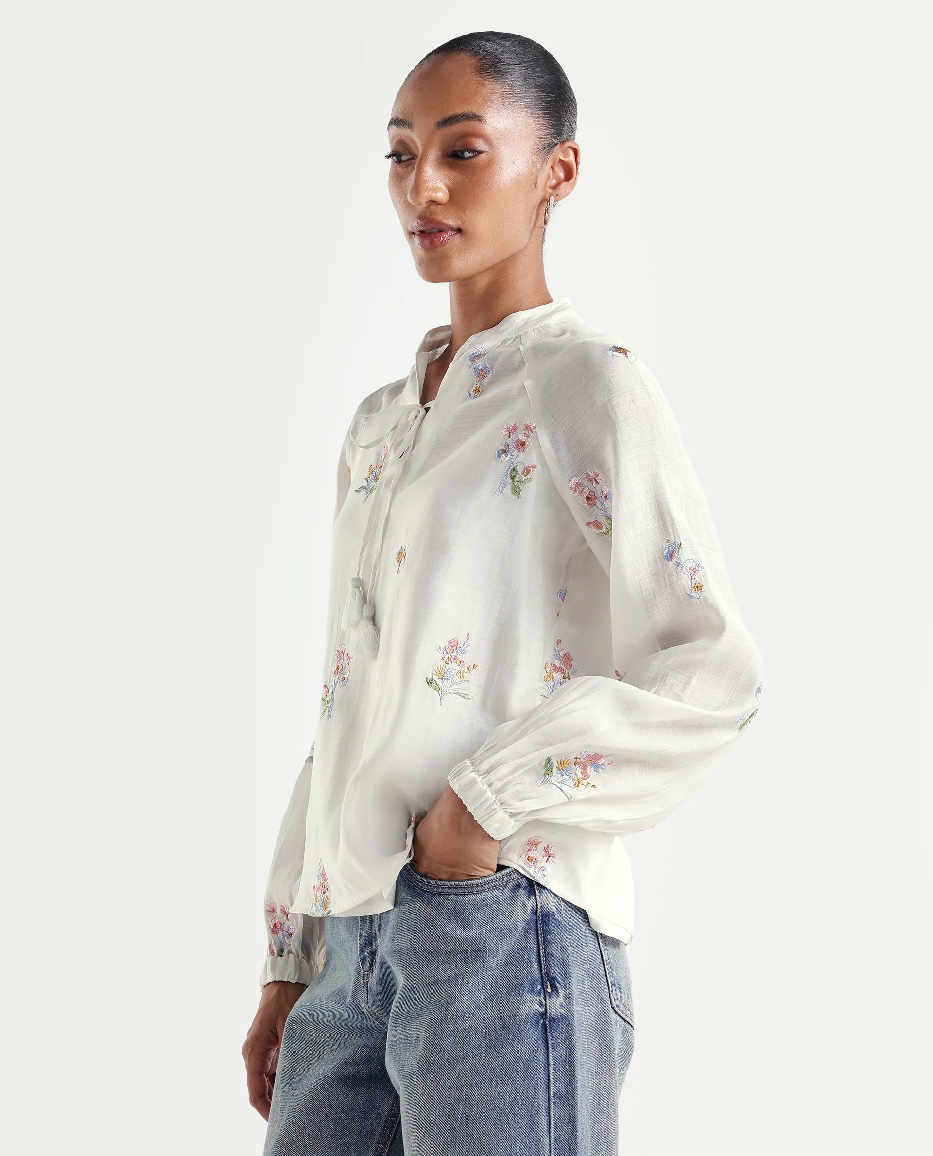 Rareism Women's Hura Off White Viscose Blend Band Collar Regular Plain Top