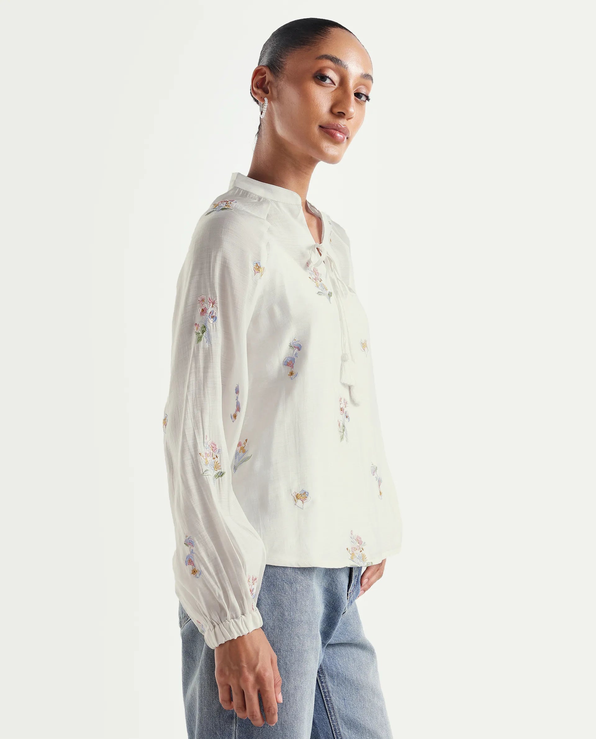 Rareism Women's Hura Off White Viscose Blend Band Collar Regular Plain Top