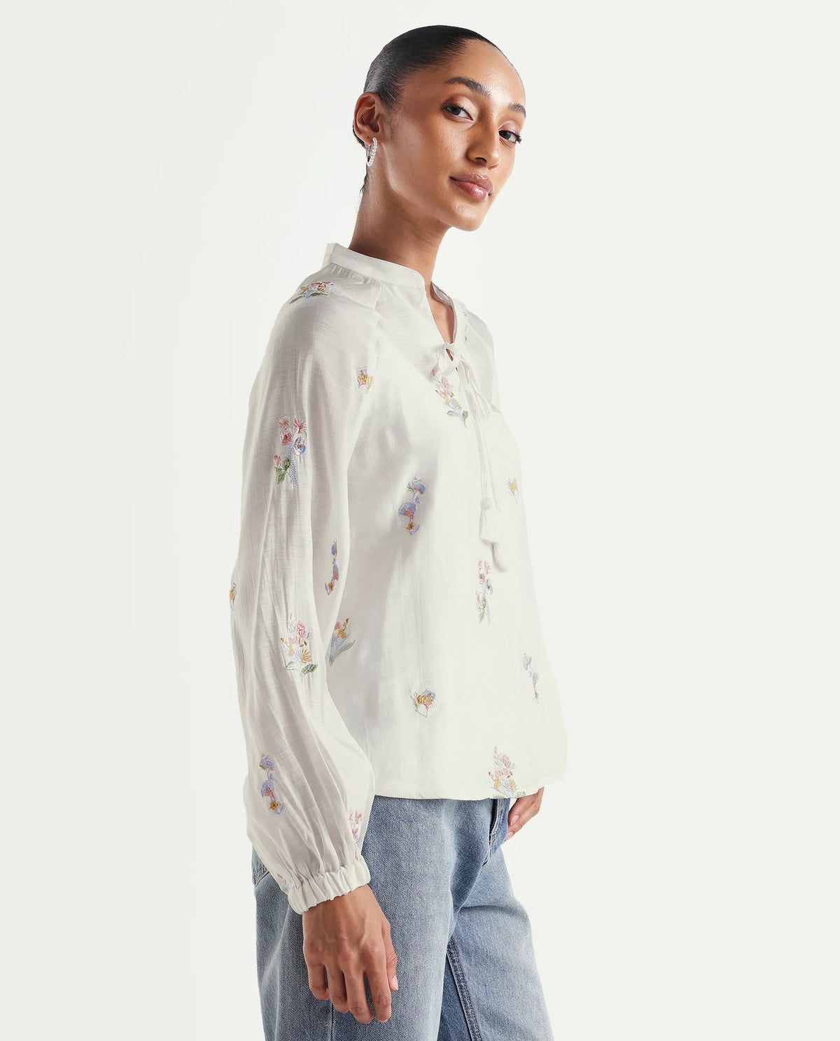 Rareism Women's Hura Off White Viscose Blend Band Collar Regular Plain Top