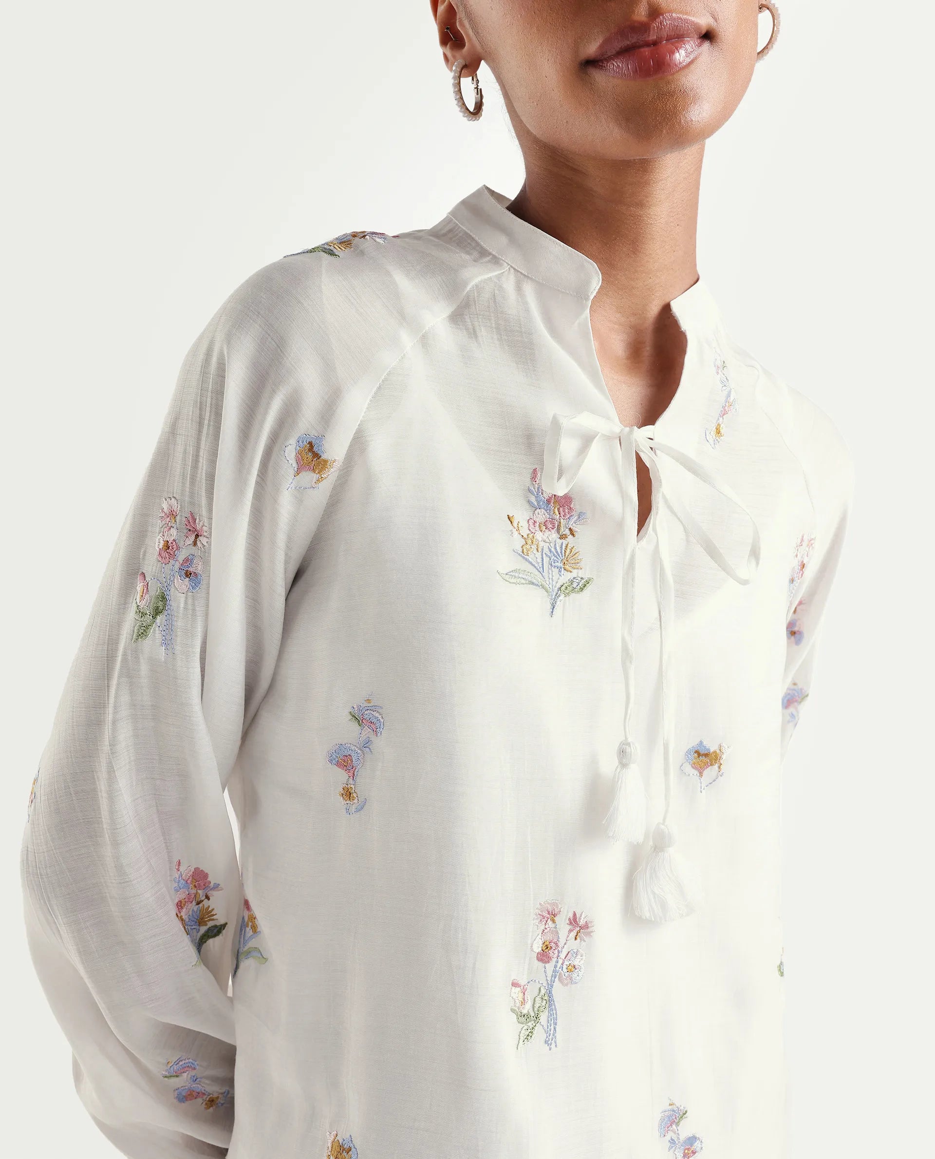 Rareism Women's Hura Off White Viscose Blend Band Collar Regular Plain Top