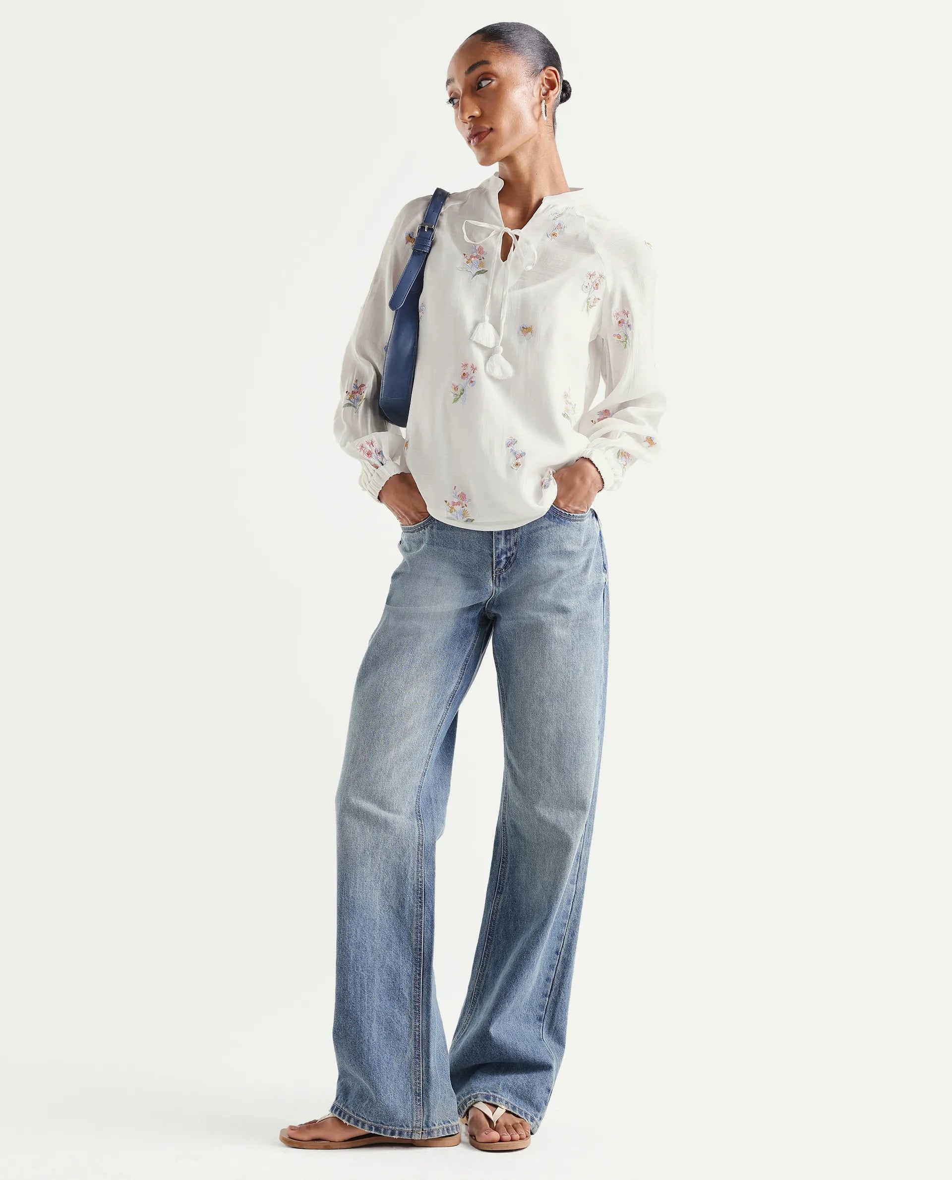 Rareism Women's Hura Off White Viscose Blend Band Collar Regular Plain Top