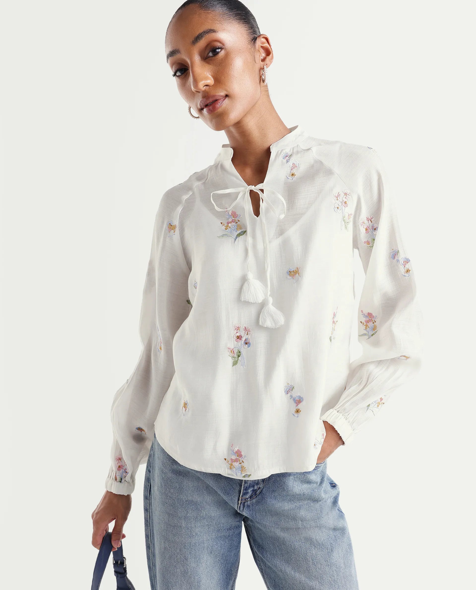 Rareism Women's Hura Off White Viscose Blend Band Collar Regular Plain Top