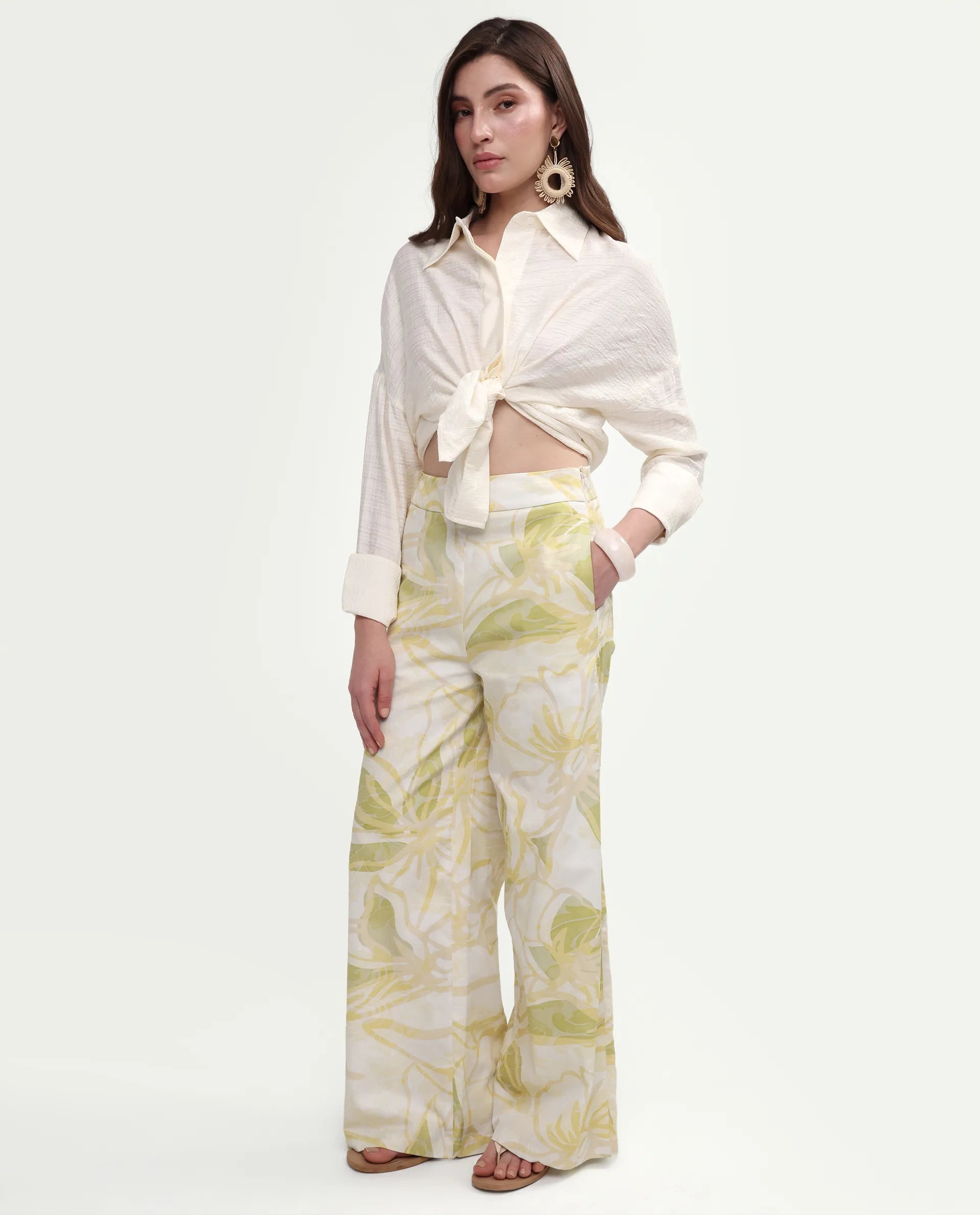 Rareism Women's Hyce-B Light Green Cotton Wide Leg Abstract Print Trouser