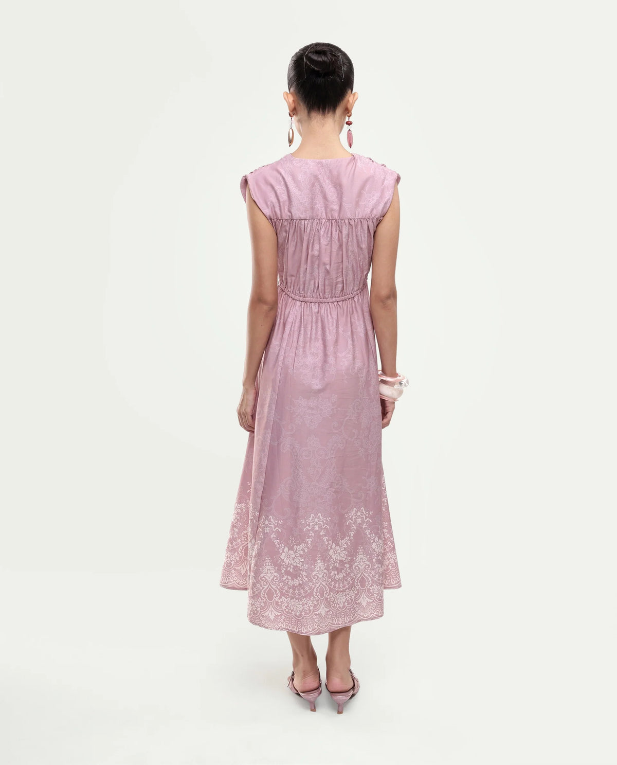 Rareism Women's Hync Pink Cotton Satin Half Sleeve V-Neck Elastic Fit And Flare Ornamental Print Dress