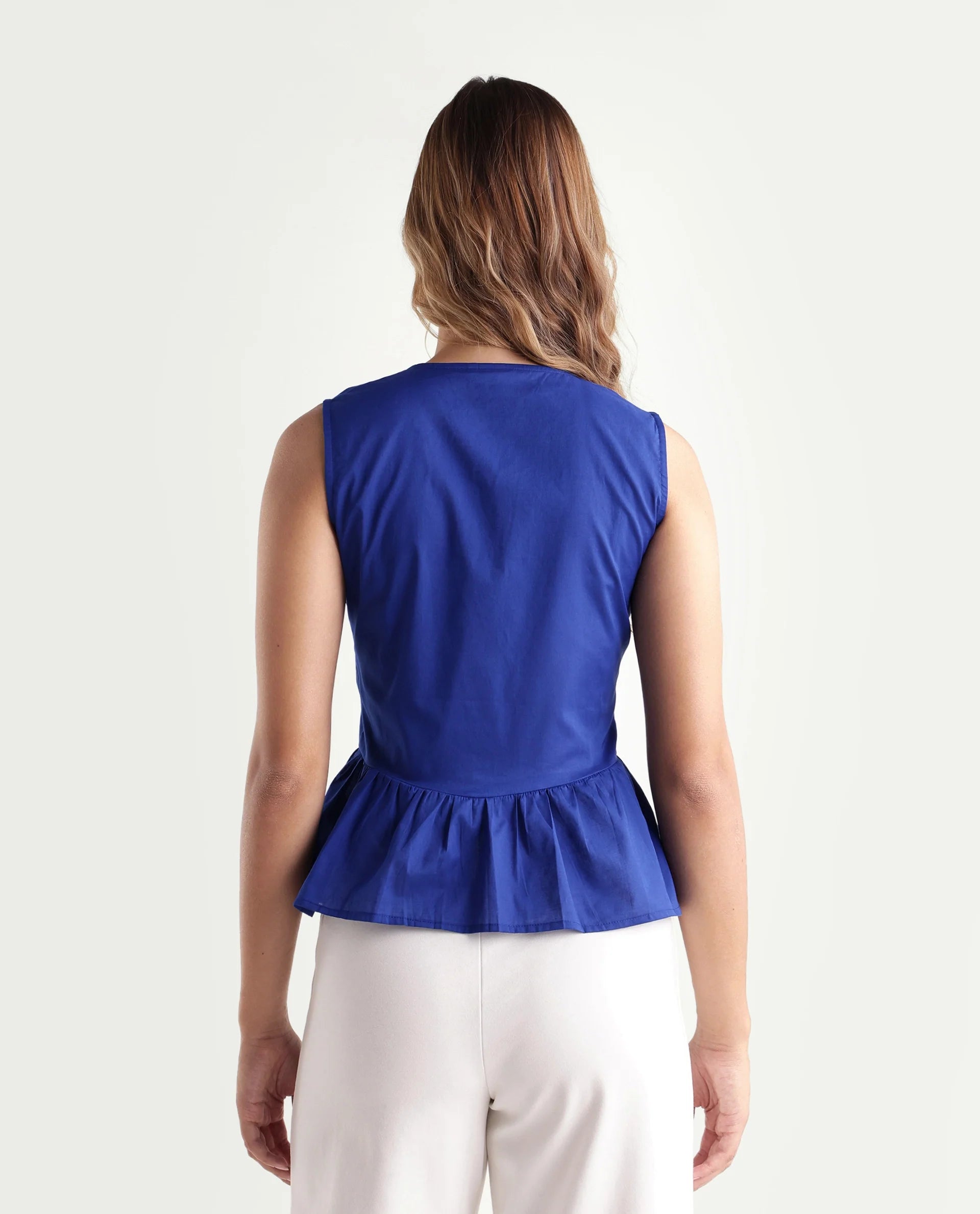 Rareism Women's Kael Blue Cotton Fabric V-Neck Regular Fit Embroidered Top