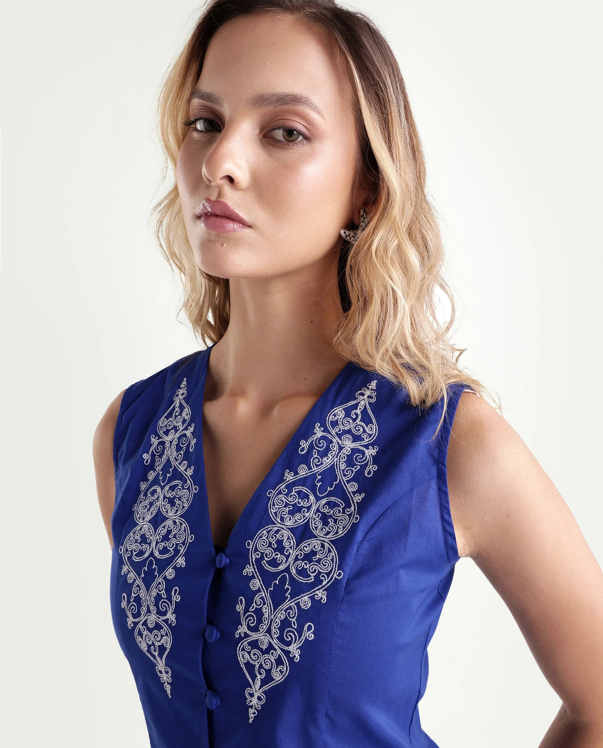 Rareism Women's Kael Blue Cotton Fabric V-Neck Regular Fit Embroidered Top