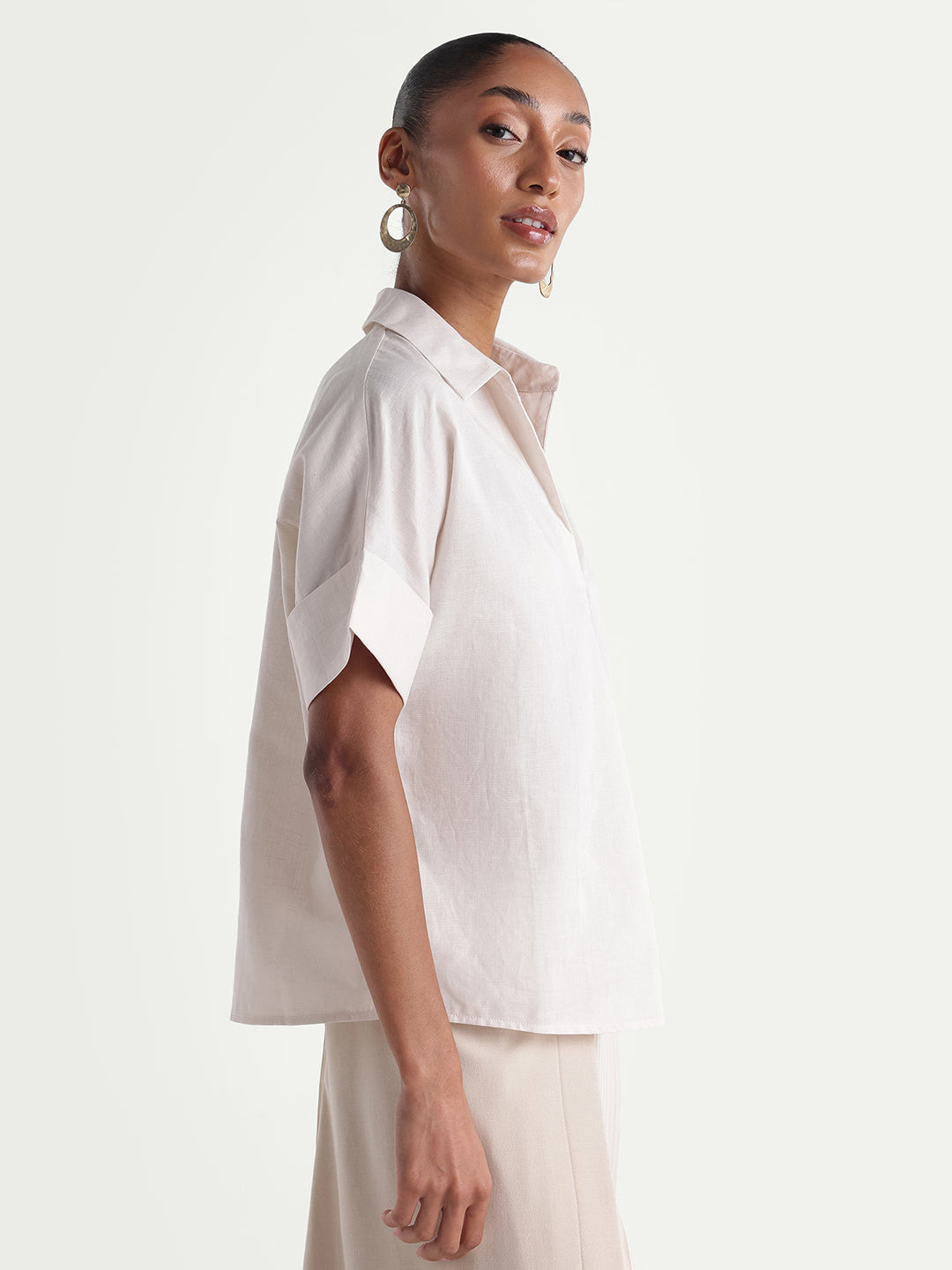 Rareism Women's Kasa Beige Cotton Blend Johnny Collar Regular Plain Top