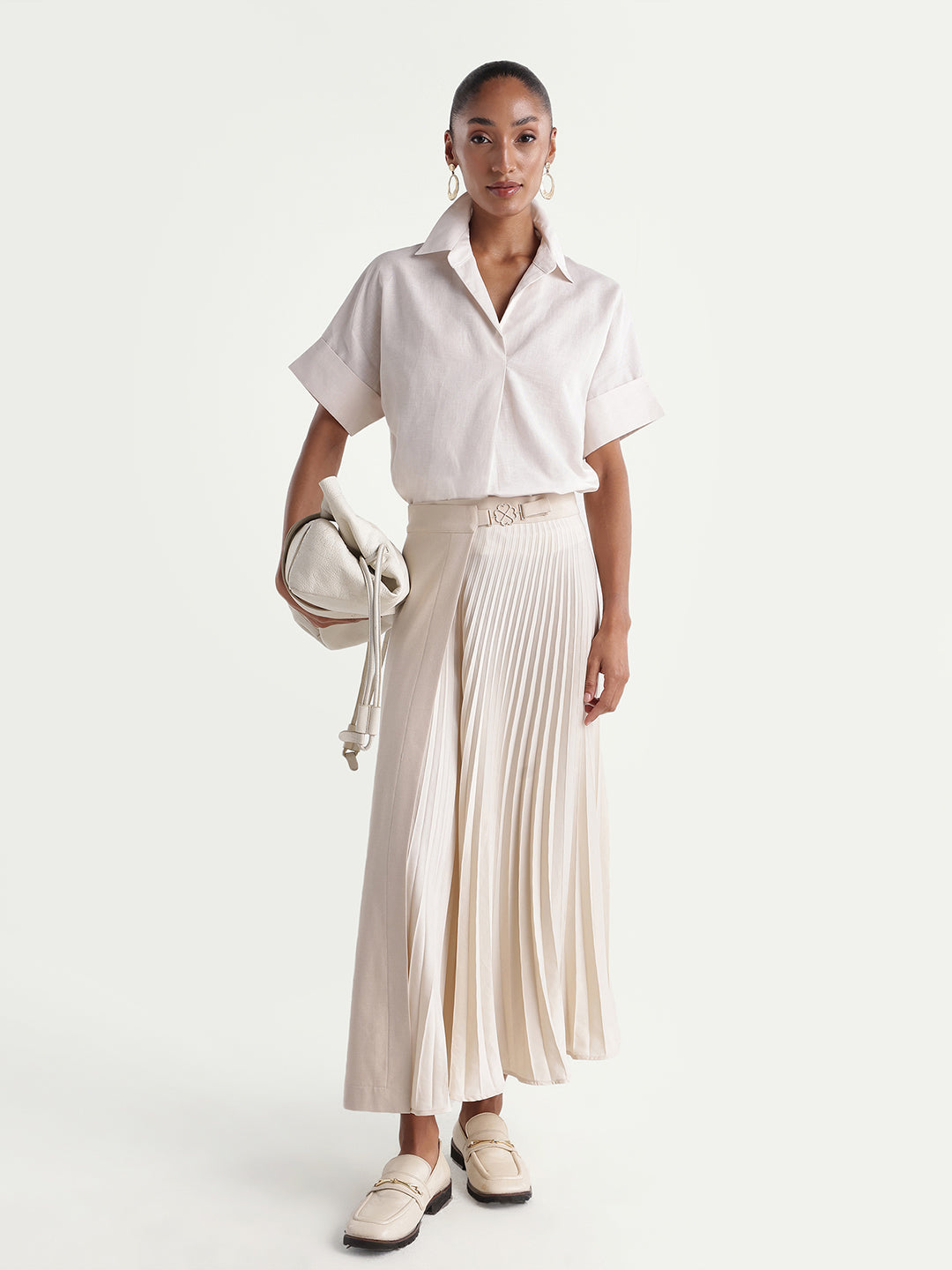 Rareism Women's Kasa Beige Linen Blend Johnny Collar Regular Plain Top
