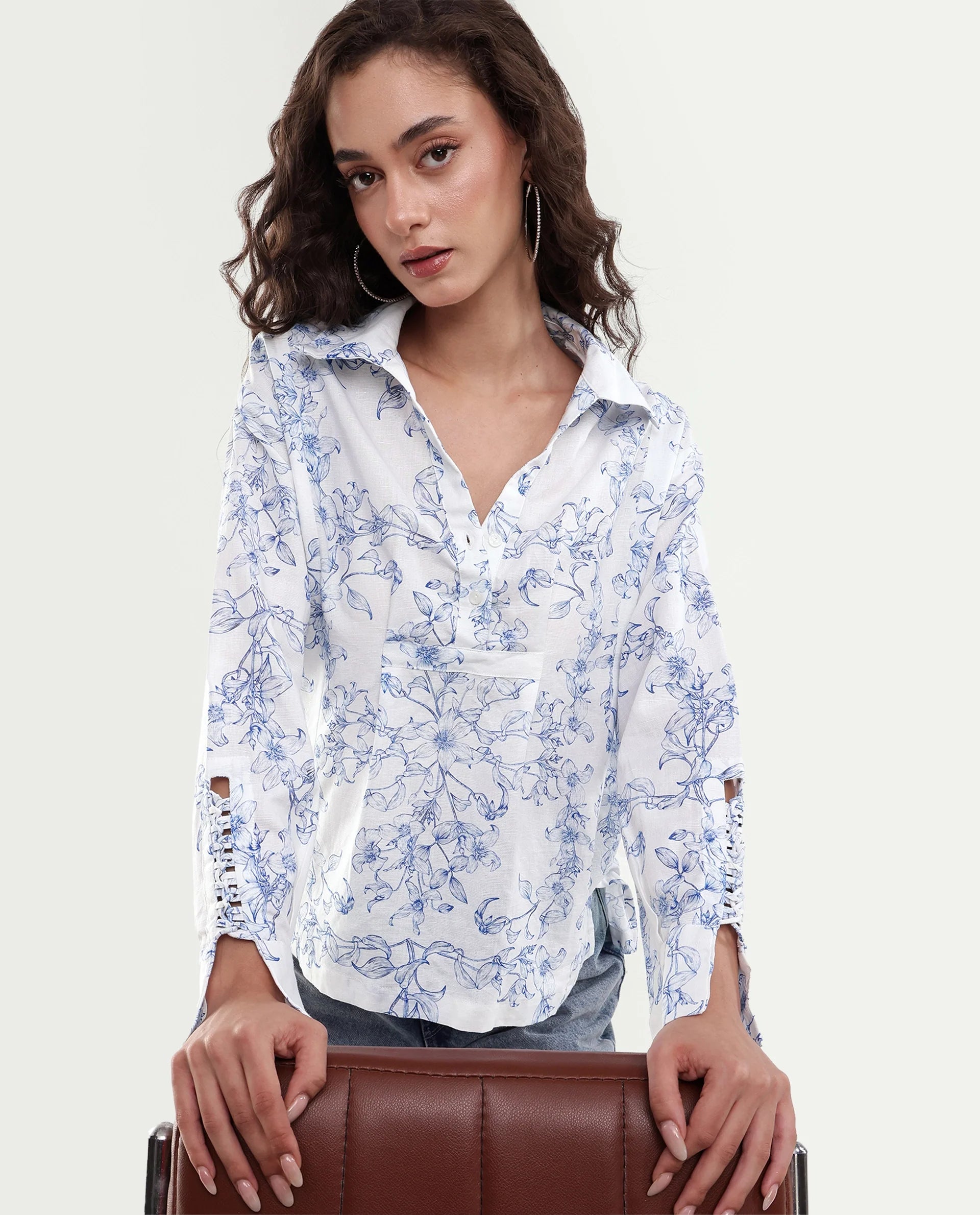 Rareism Women's Kazz Off White Linen Spread Collar Regular Fit Floral Print Top
