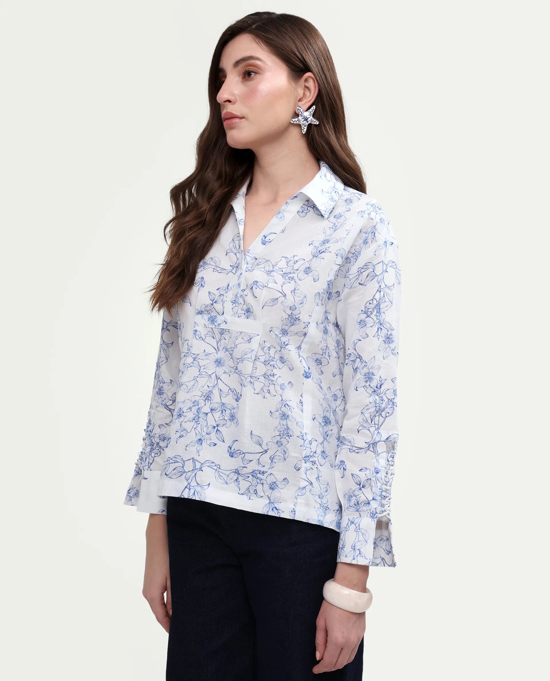 Rareism Women's Kazz Off White Linen Spread Collar Regular Fit Floral Print Top