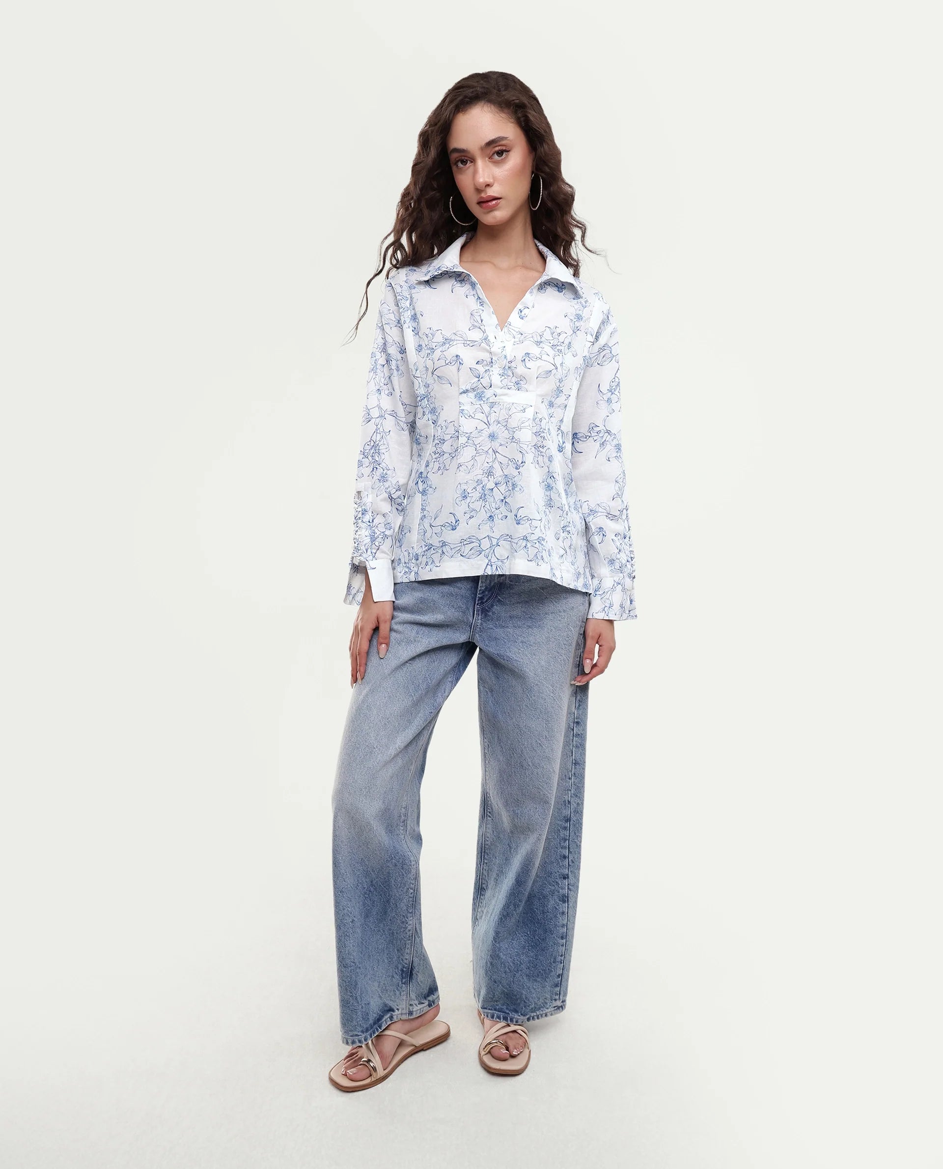 Rareism Women's Kazz Off White Linen Spread Collar Regular Fit Floral Print Top