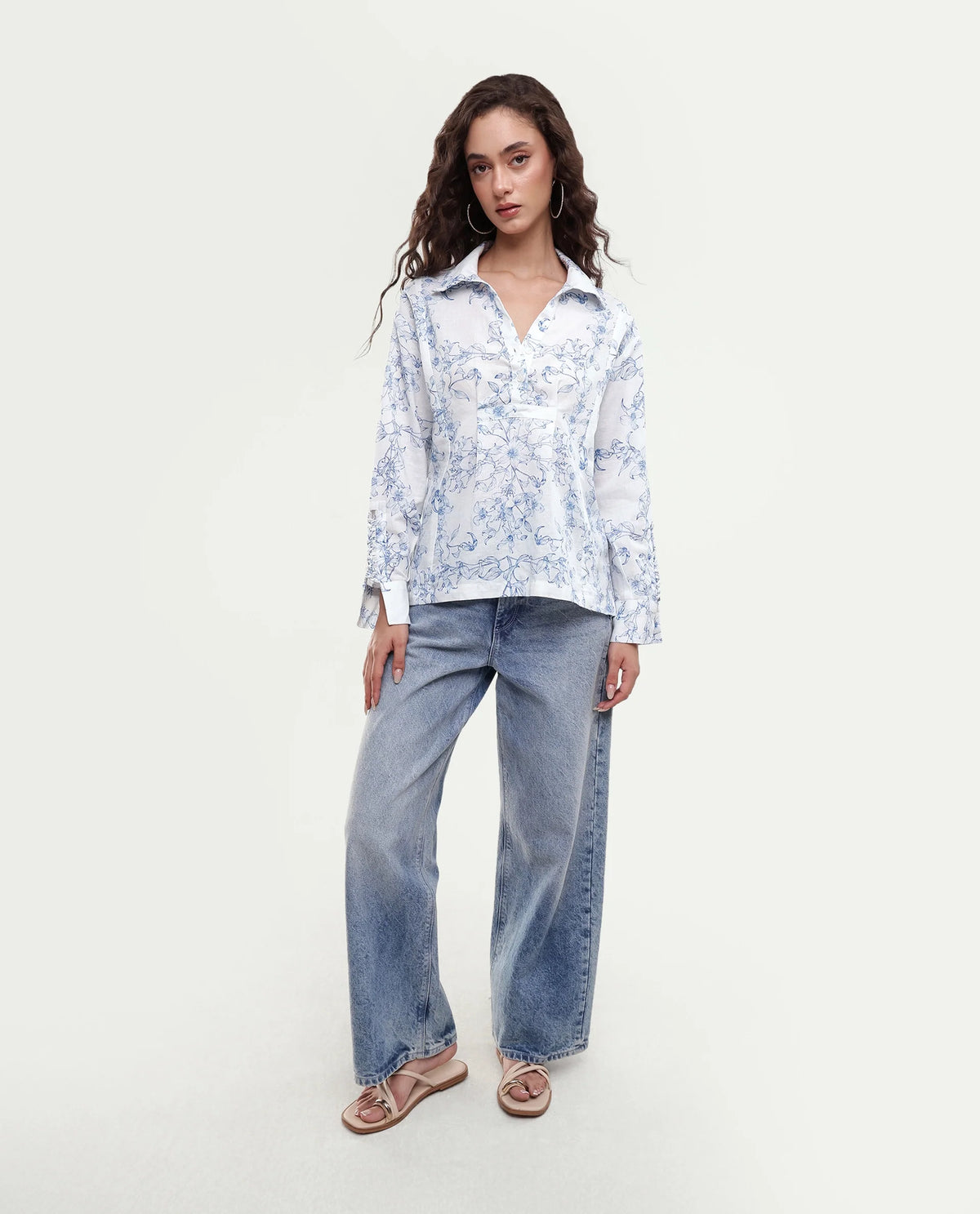 Rareism Women's Kazz Off White Linen Spread Collar Regular Fit Floral Print Top