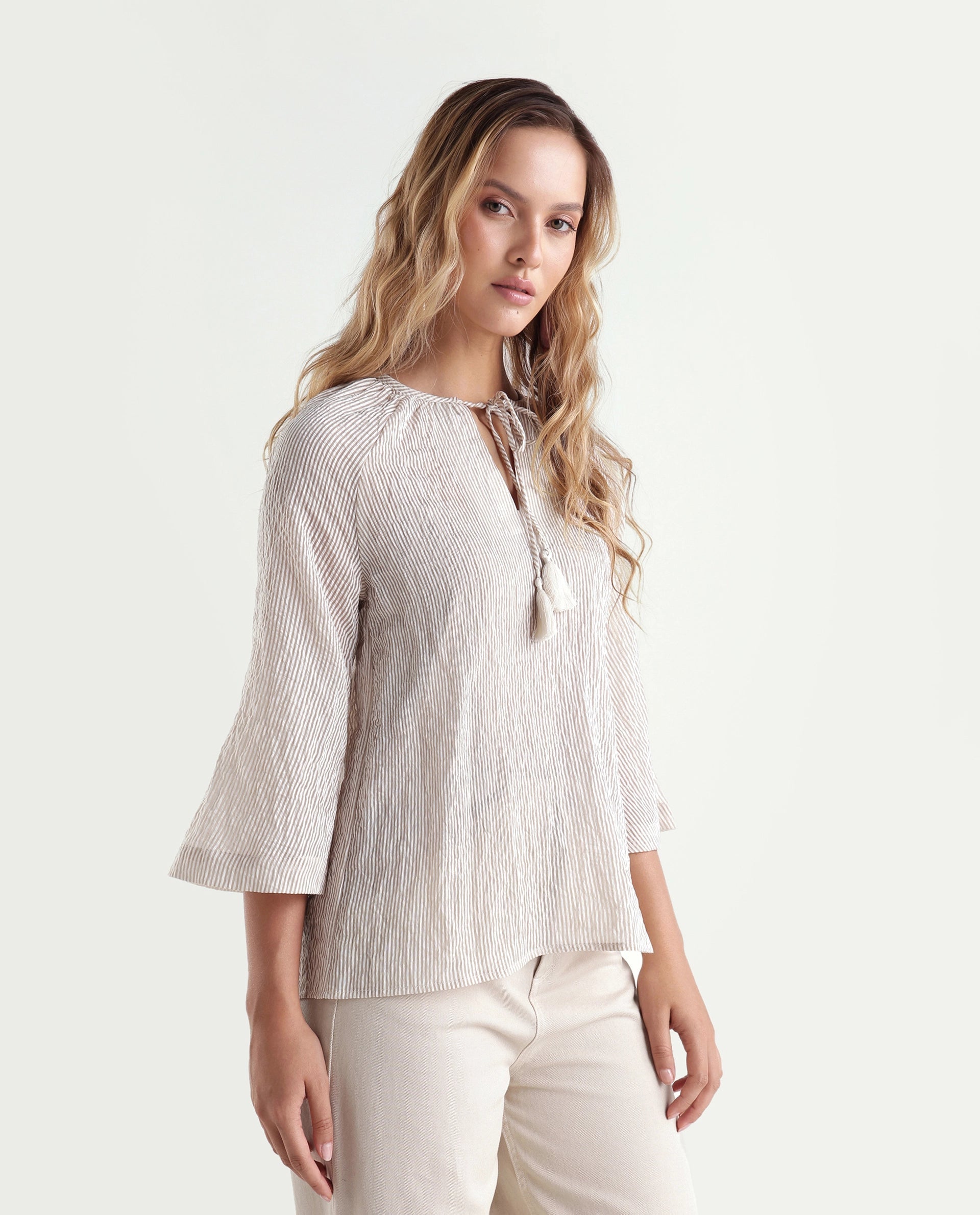Rareism Women's Kelo Beige Striped Nylon Blend Regular Three Quarter Sleeve Top