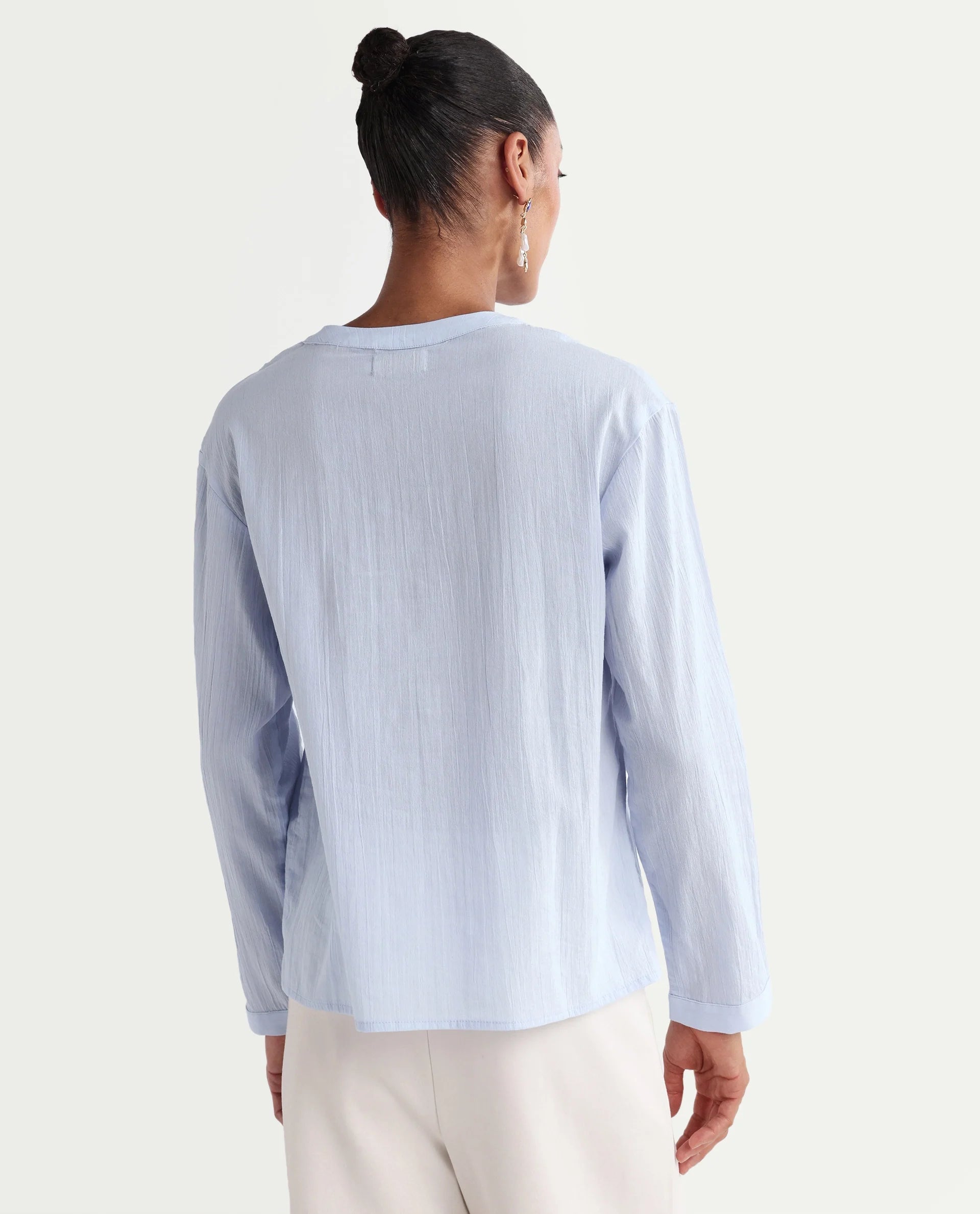 Rareism Women's Kenz Light Blue Cotton V-Neck Regular Abstract Print Top