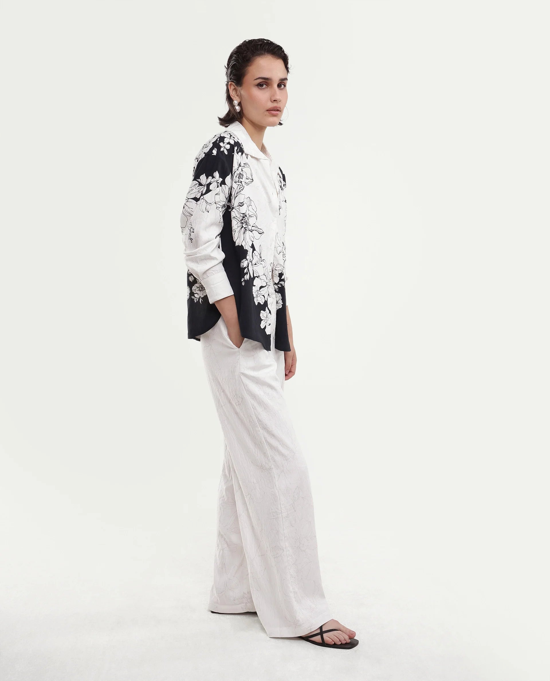 Rareism Women's Camiya-B White Viscose Blend Wide Printed Trouser