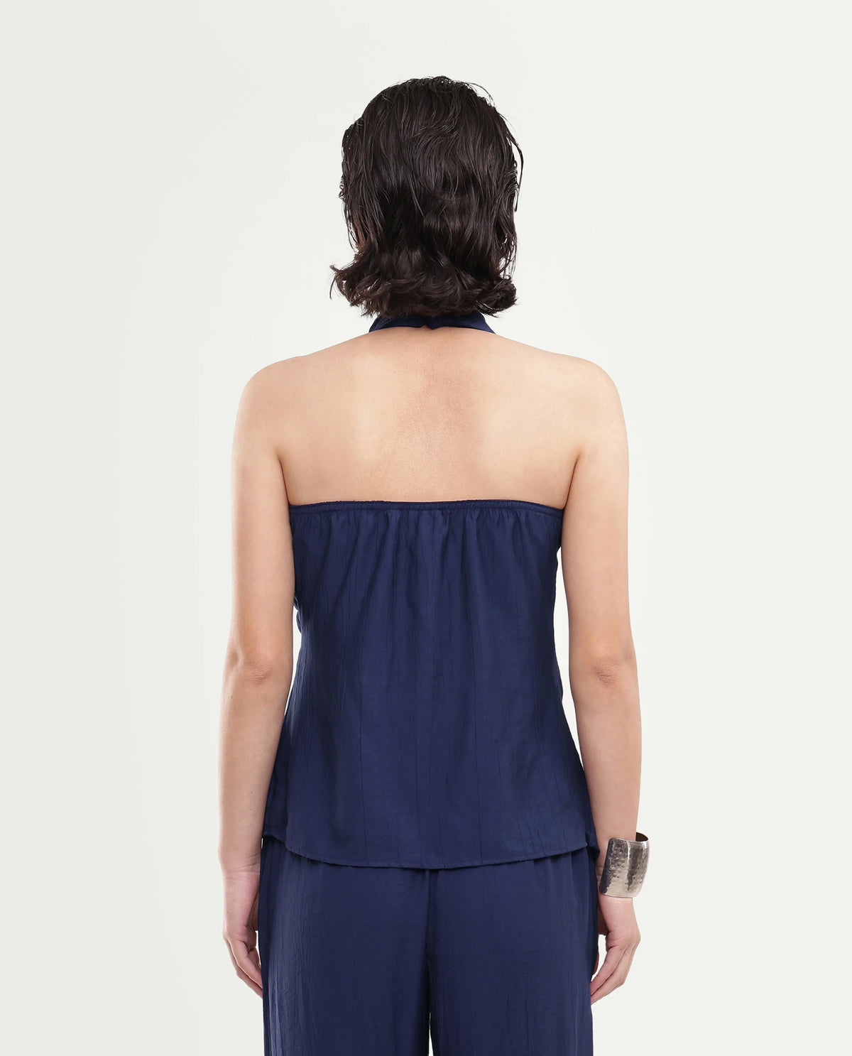 Rareism Women's Kimo-T Navy Nylon Blend Fabric Halter Neck Regular Plain Top