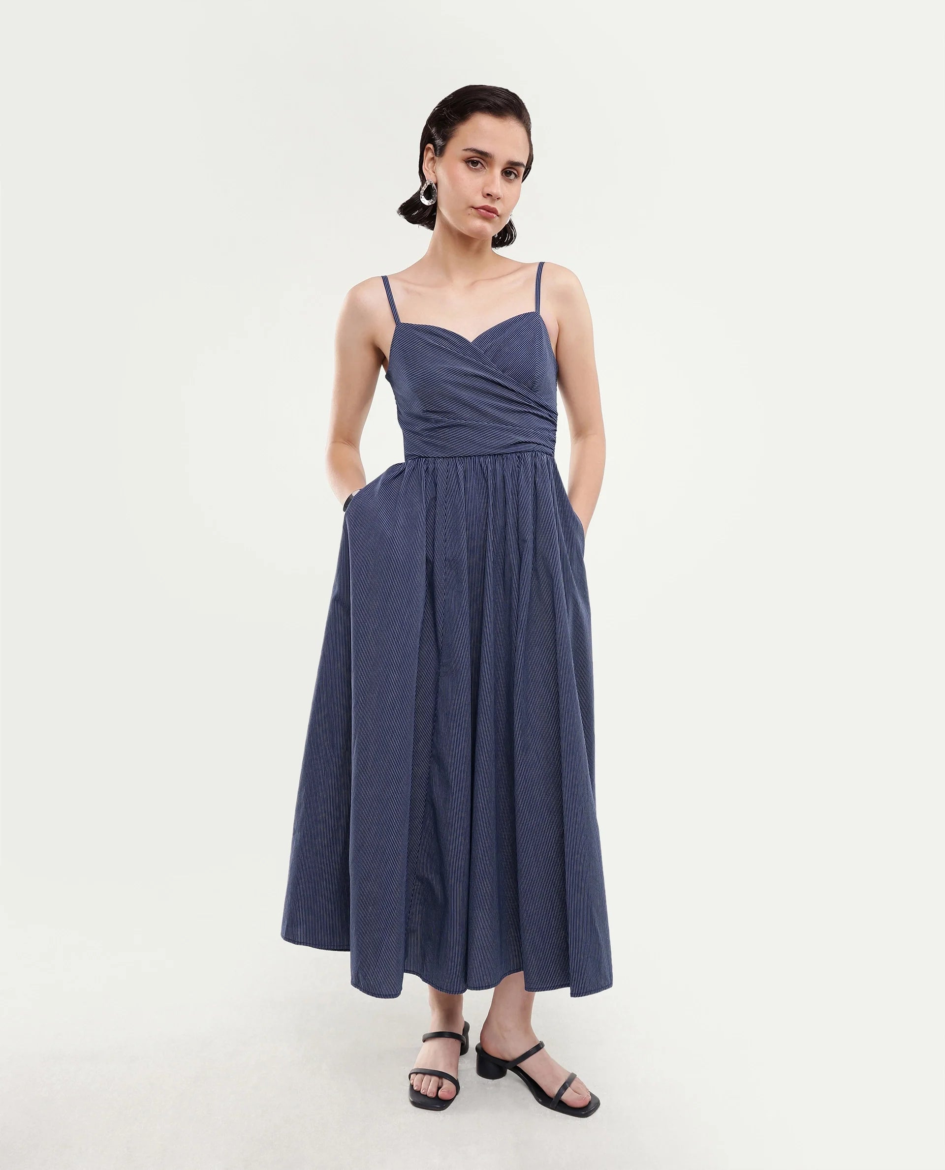 Rareism Women's Kivann Dark Blue Cotton Sweetheart Neck Fit And Flare Striped Dress