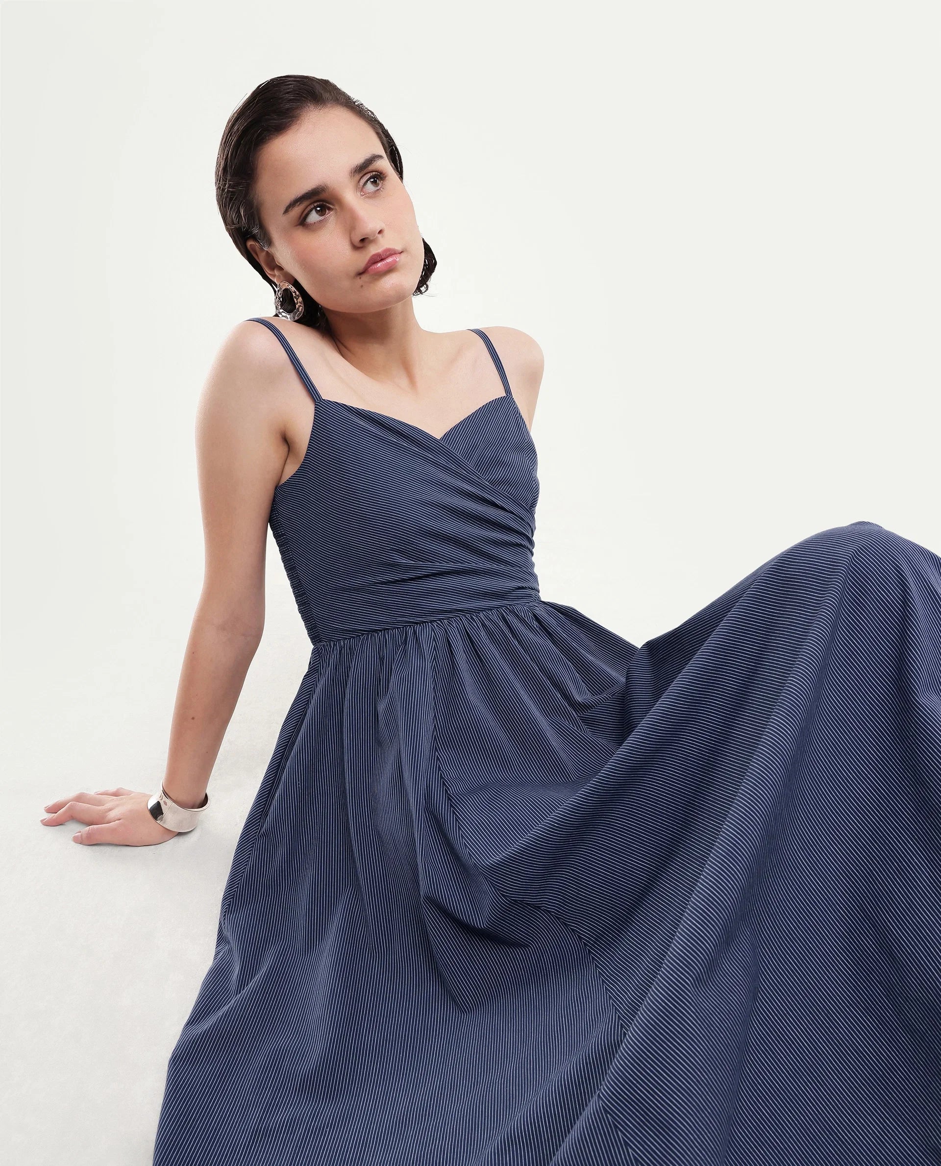 Rareism Women's Kivann Dark Blue Cotton Sweetheart Neck Fit And Flare Striped Dress