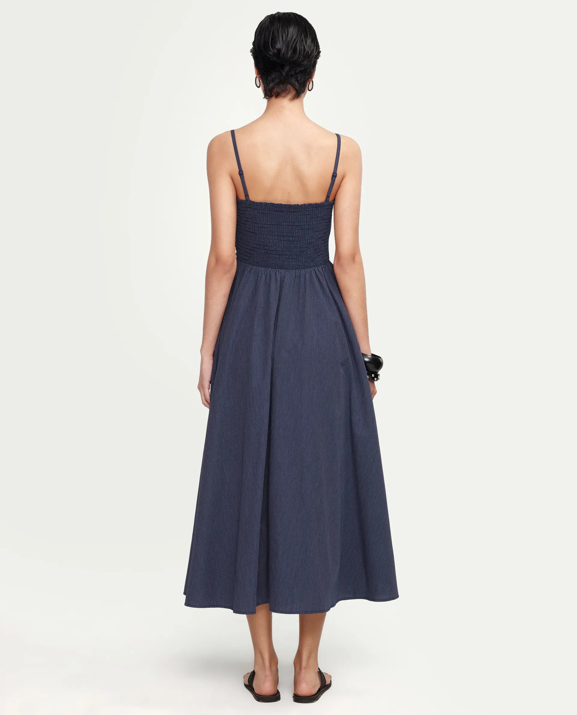 Rareism Women's Kivann Dark Blue Cotton Sweetheart Neck Fit And Flare Striped Dress