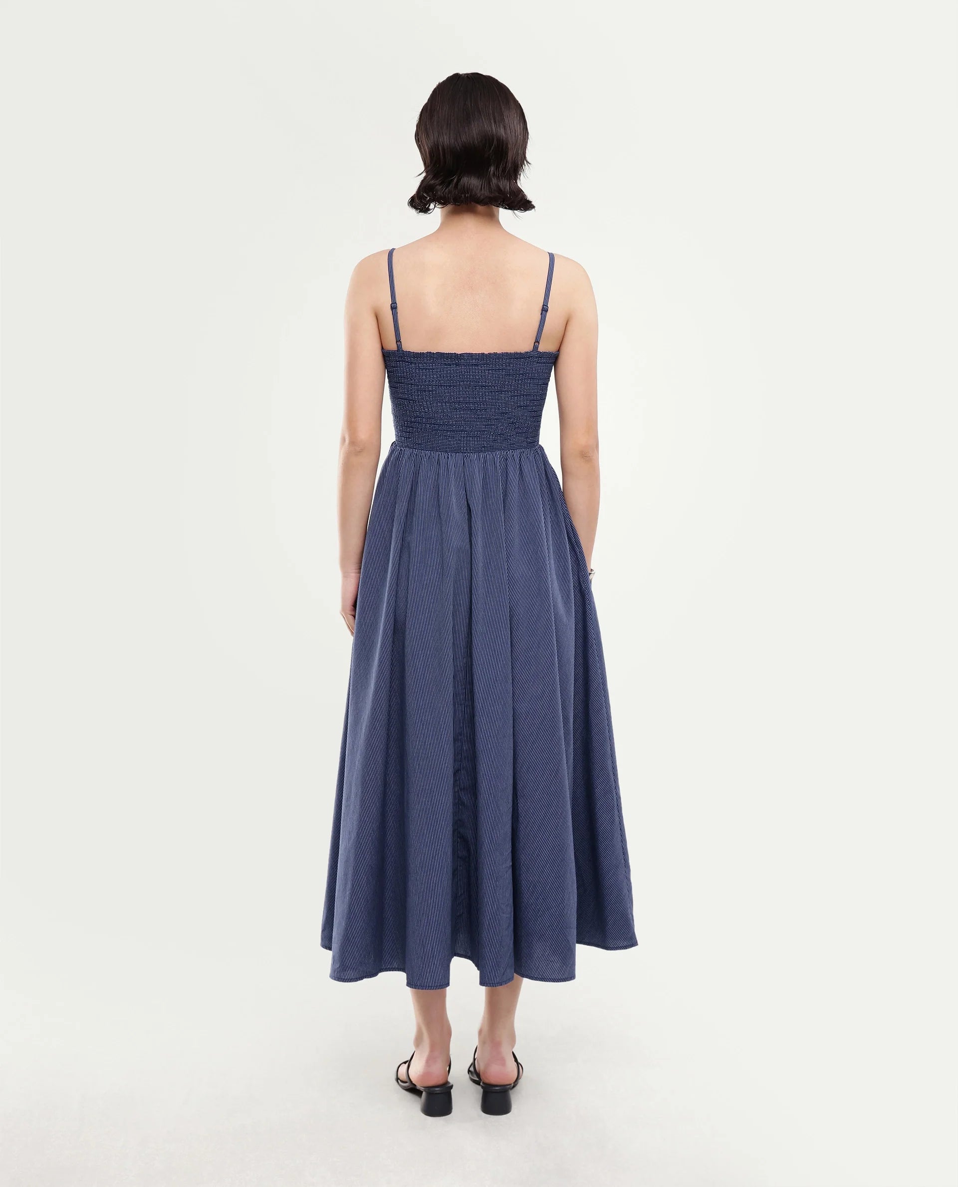 Rareism Women's Kivann Dark Blue Cotton Sweetheart Neck Fit And Flare Striped Dress