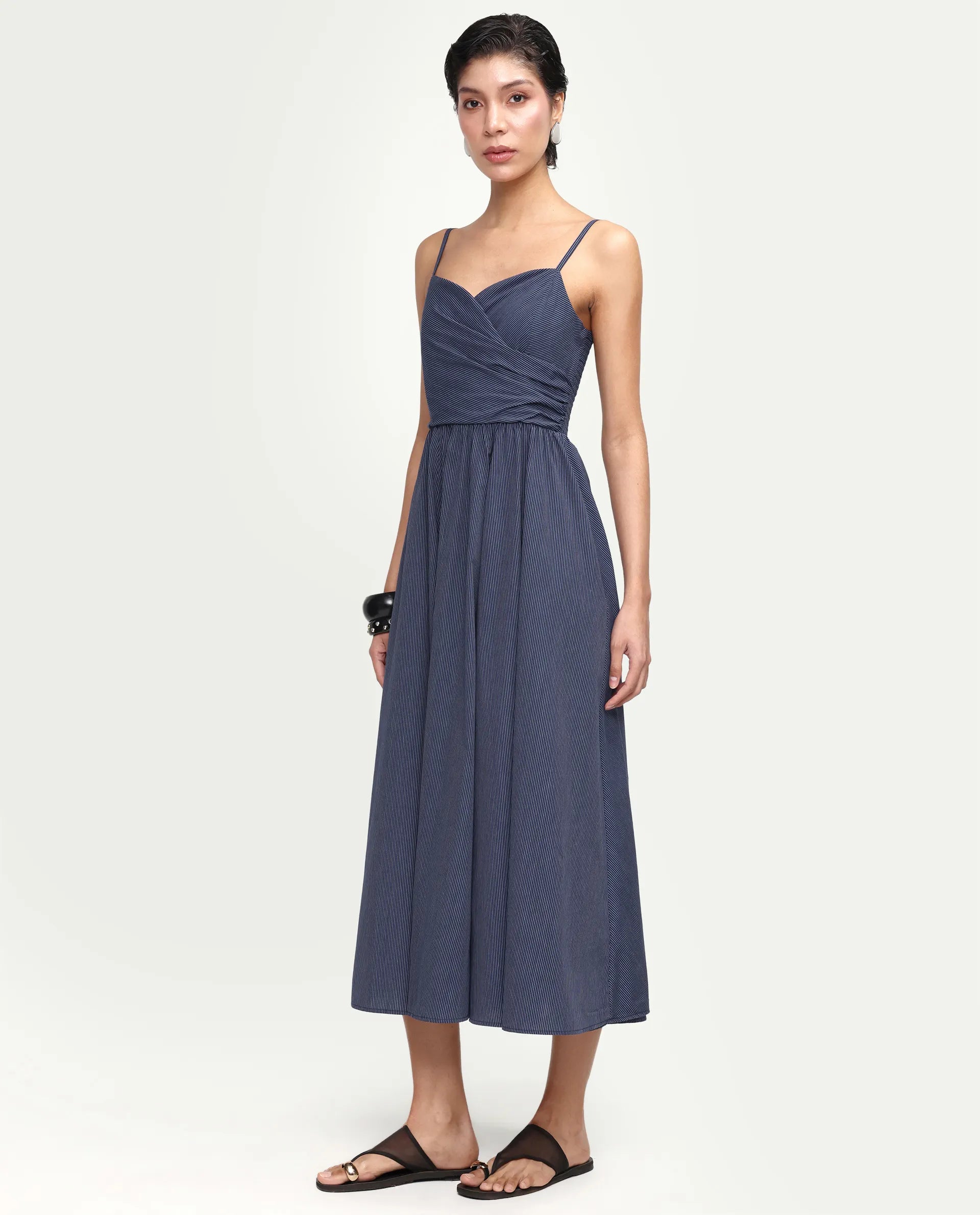 Rareism Women's Kivann Dark Blue Cotton Sweetheart Neck Fit And Flare Striped Dress