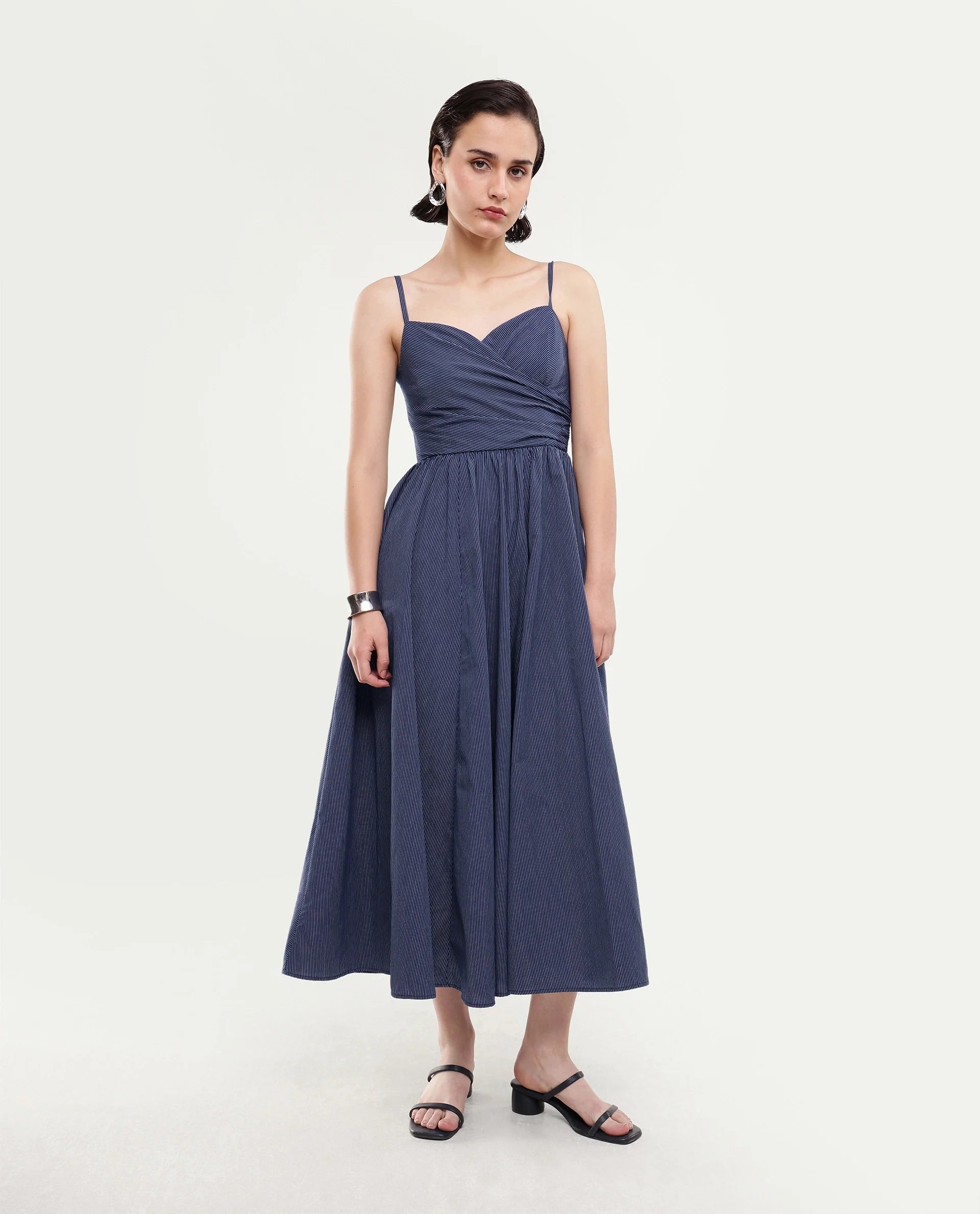 Rareism Women's Kivann Dark Blue Cotton Sweetheart Neck Fit And Flare Striped Dress