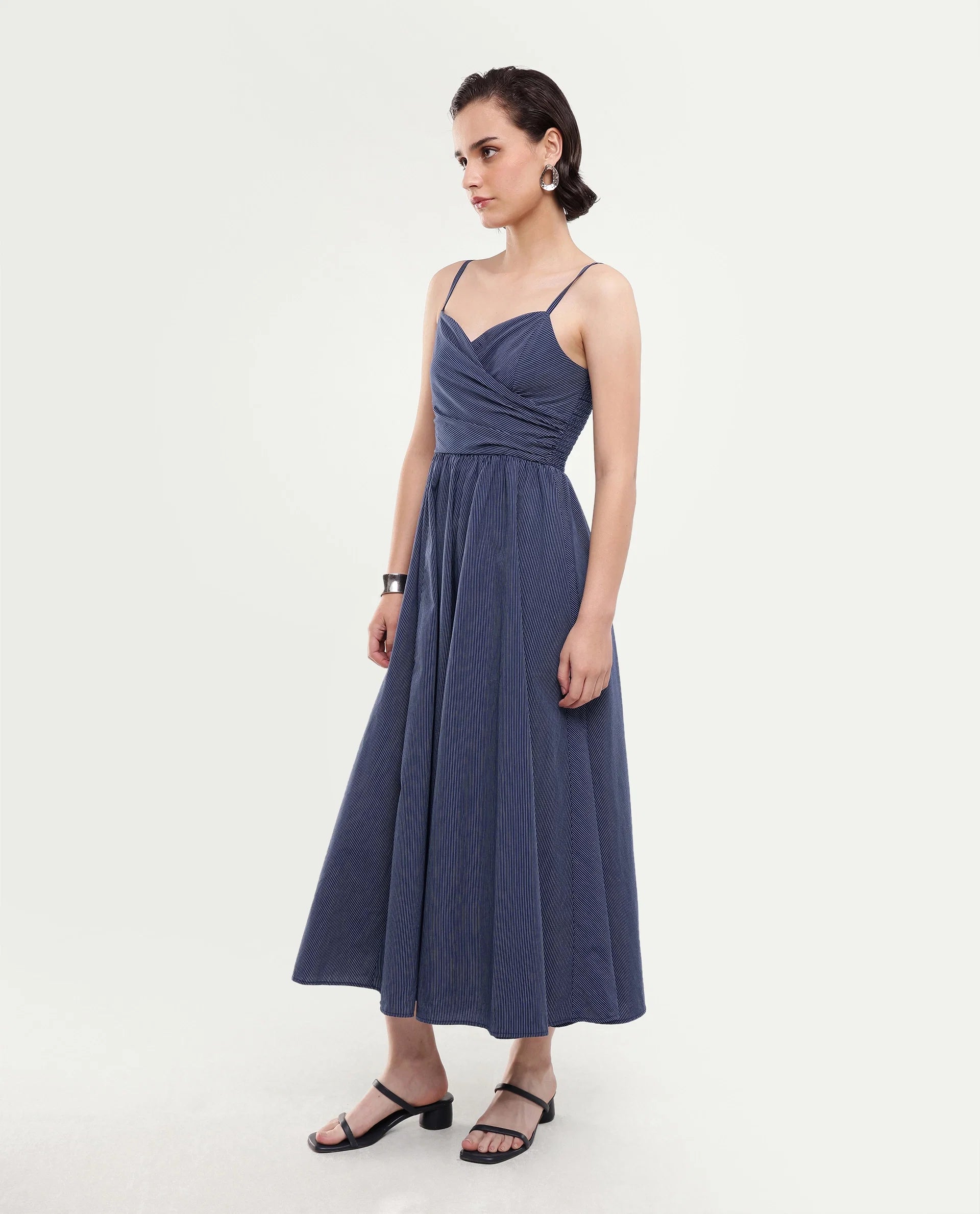 Rareism Women's Kivann Dark Blue Cotton Sweetheart Neck Fit And Flare Striped Dress