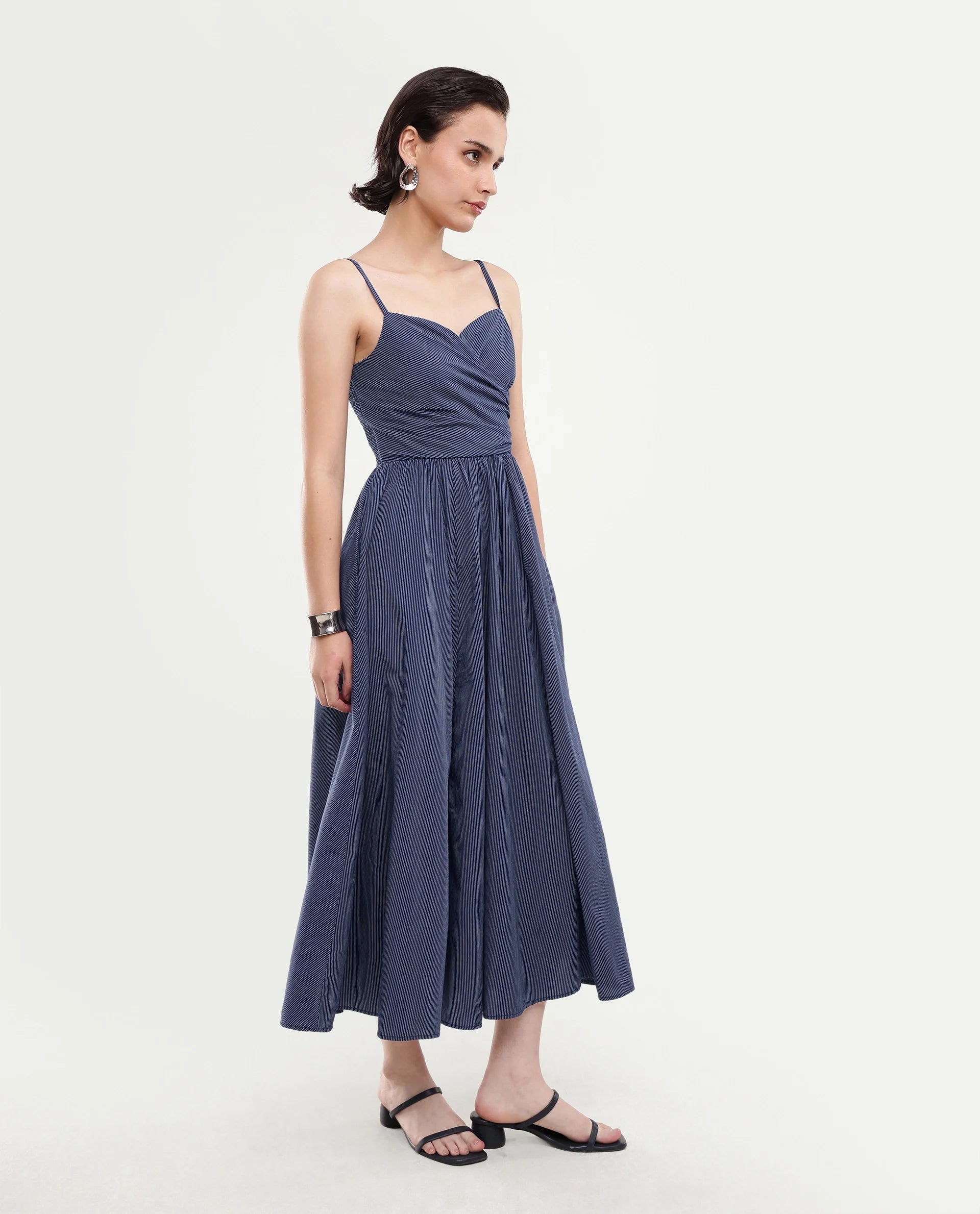 Rareism Women's Kivann Dark Blue Cotton Sweetheart Neck Fit And Flare Striped Dress