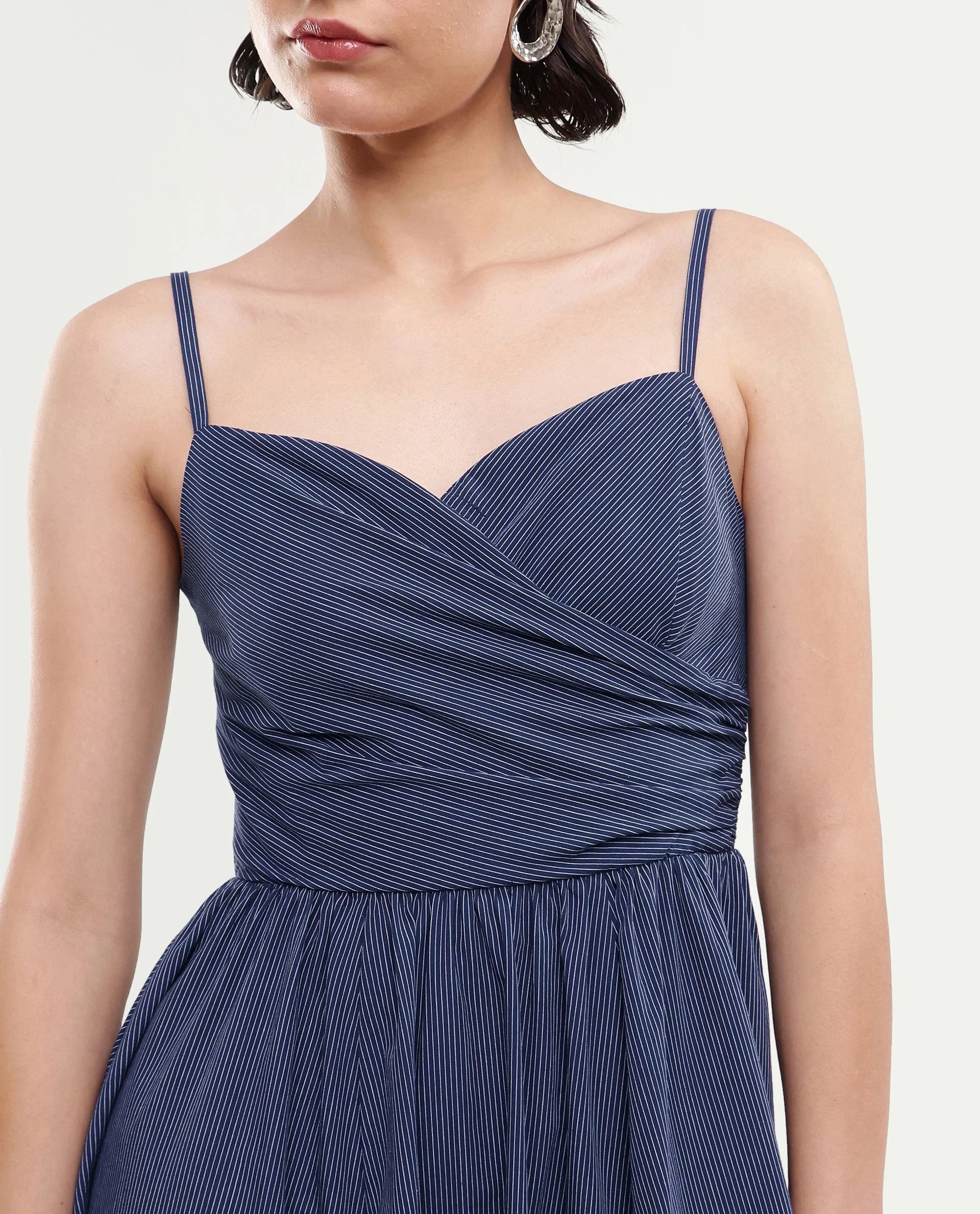 Rareism Women's Kivann Dark Blue Cotton Sweetheart Neck Fit And Flare Striped Dress