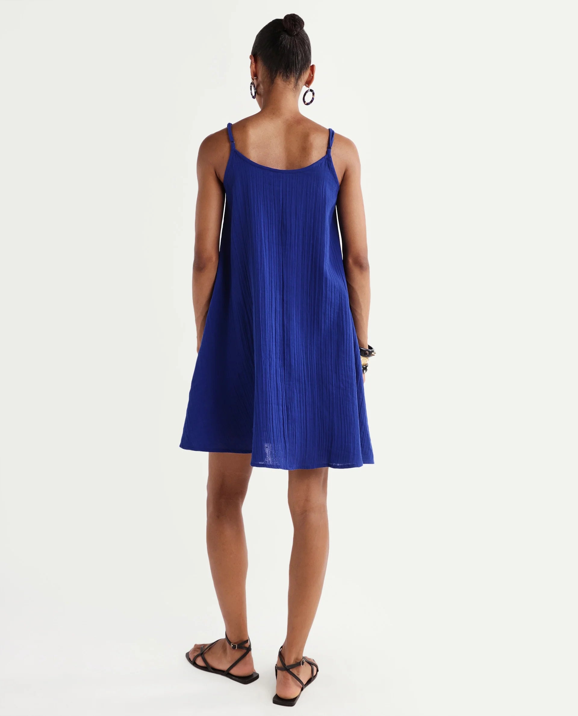 Rareism Women's Klare Navy Cotton U-Neck A-Line Plain Dress