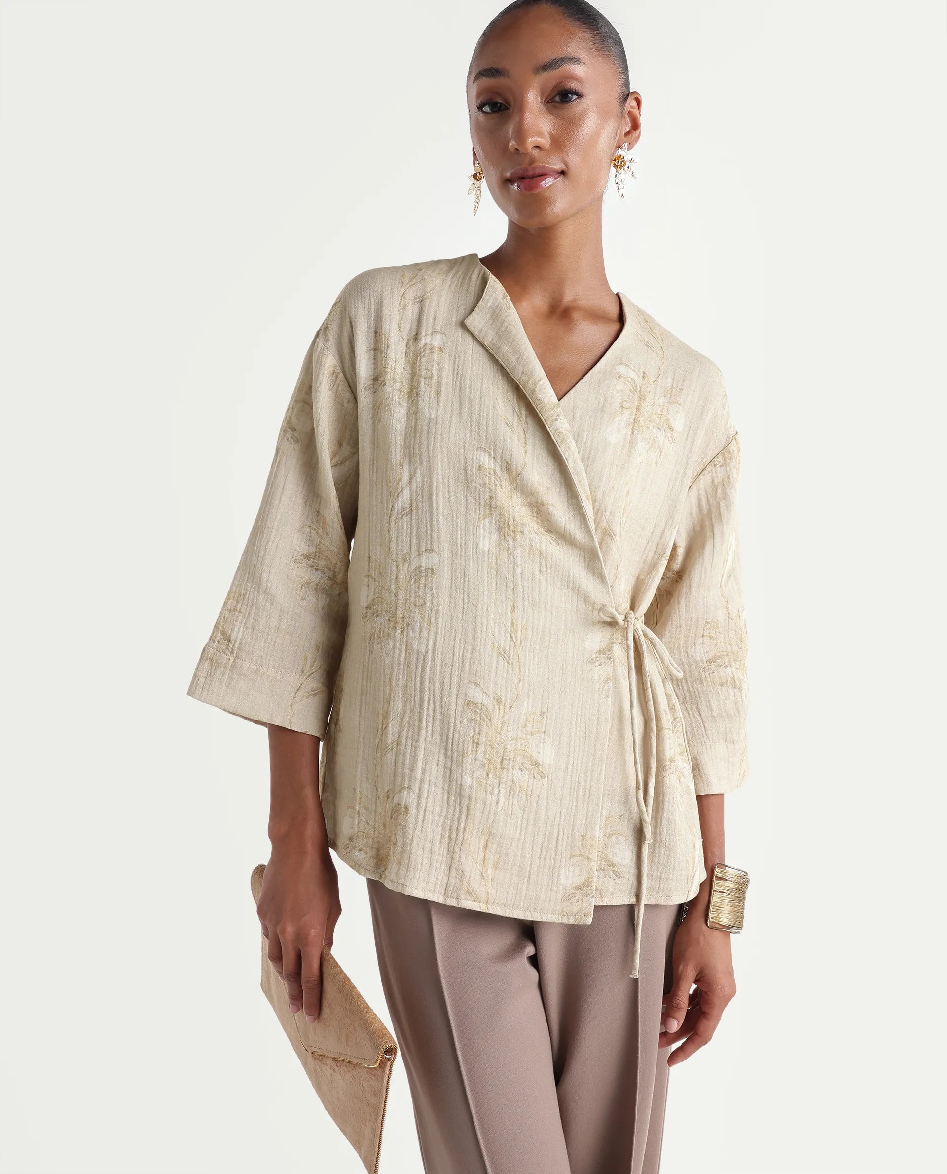 Rareism Women's Kloe-T Beige Cotton Over Lap Regular Floral Print Top