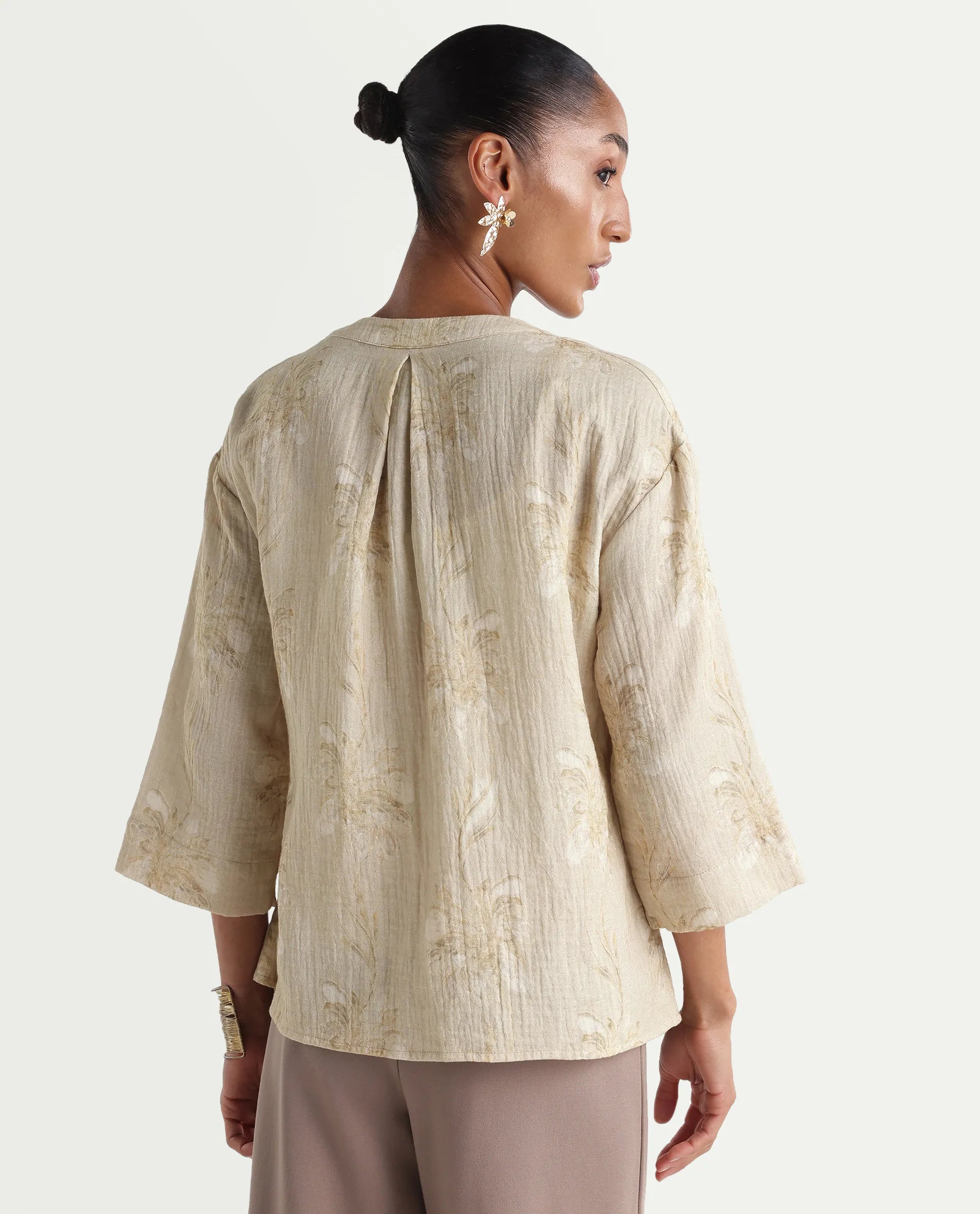 Rareism Women's Kloe-T Beige Cotton Over Lap Regular Floral Print Top