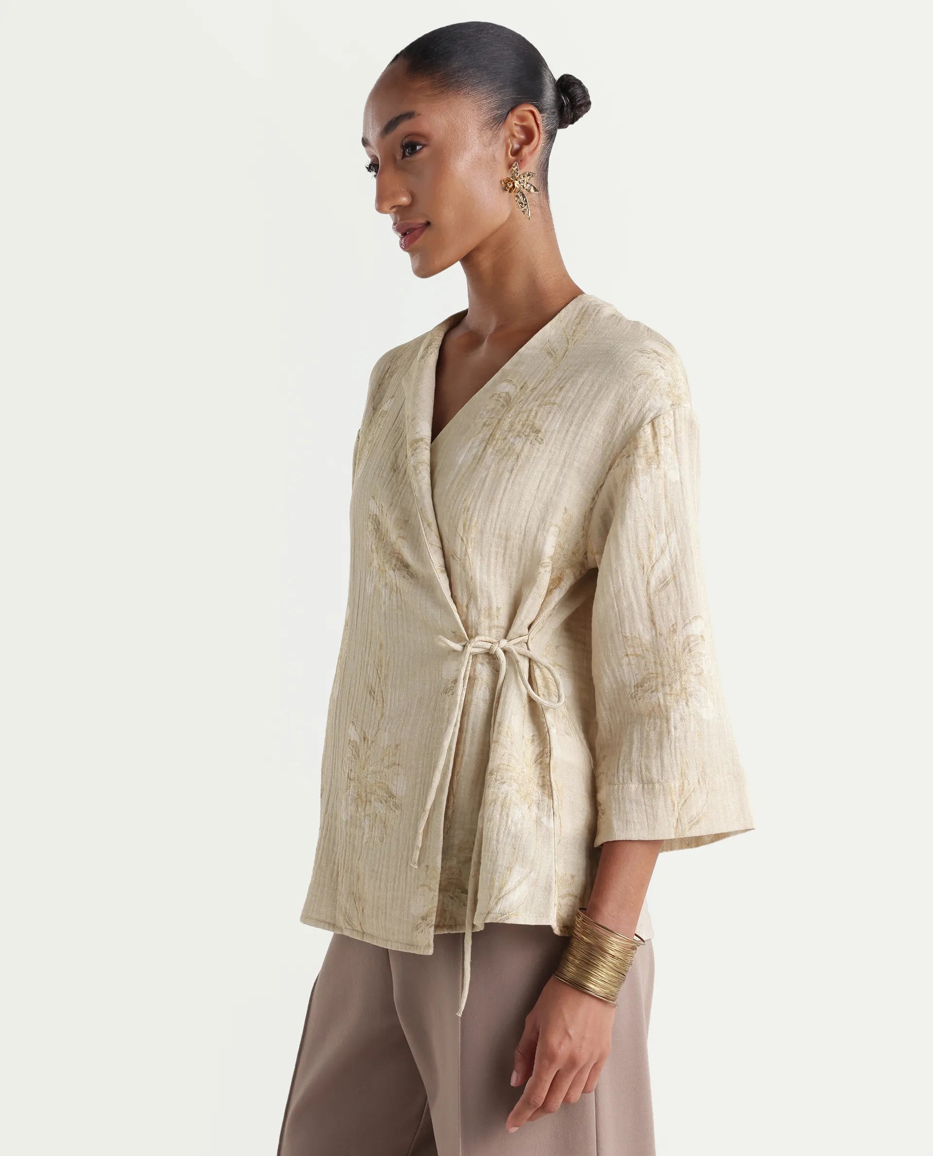 Rareism Women's Kloe-T Beige Cotton Over Lap Regular Floral Print Top