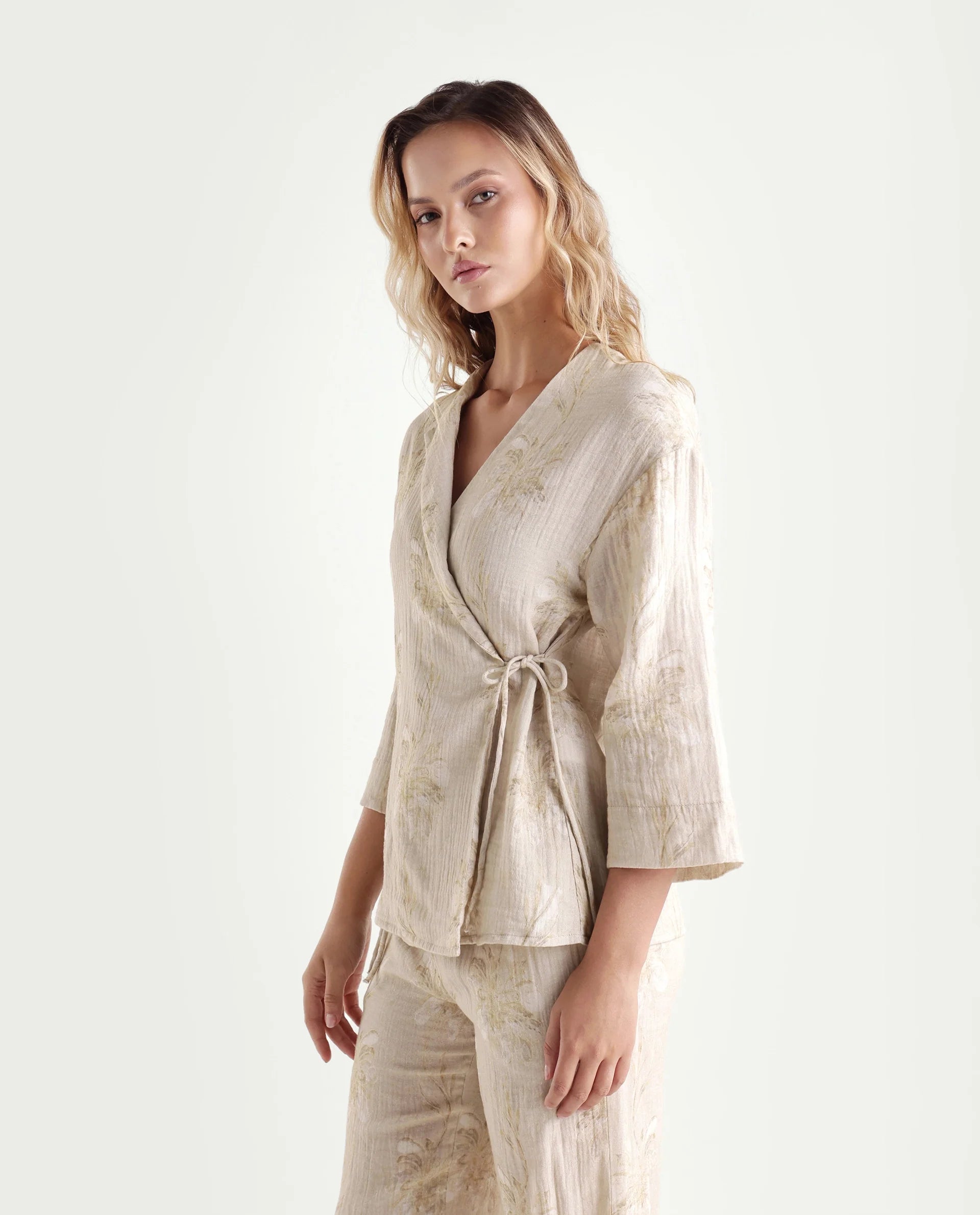 Rareism Women's Kloe-T Beige Cotton Over Lap Regular Floral Print Top