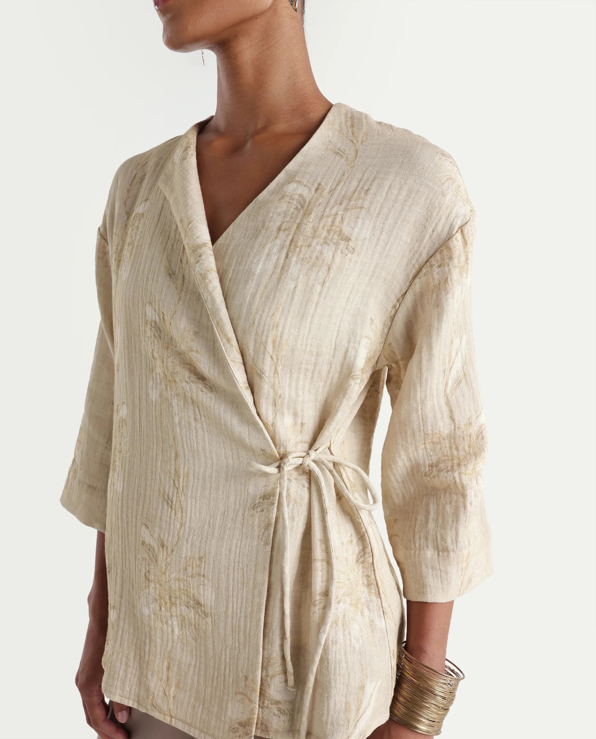 Rareism Women's Kloe-T Beige Cotton Over Lap Regular Floral Print Top