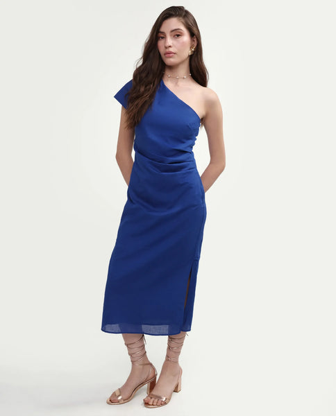 h&m blue one shoulder dress Women's Navy blue Draped one-shoulder dress