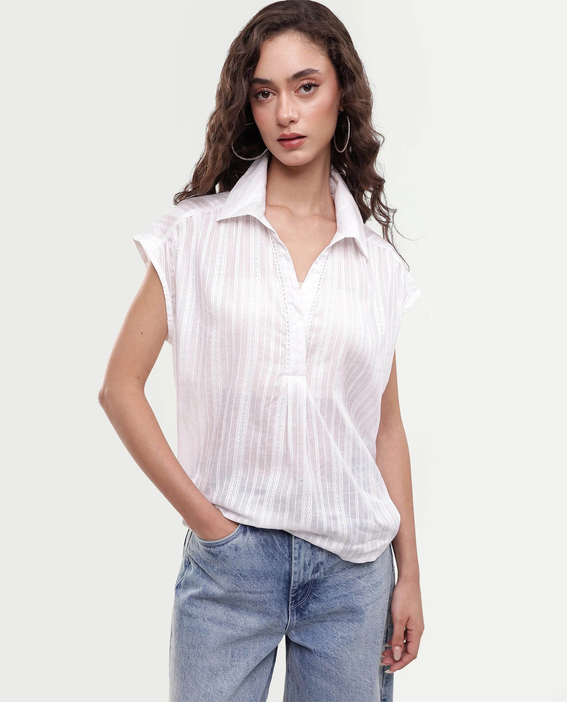 Rareism Women's Koya Off White Cotton Mandarin Collar Regular Plain Top