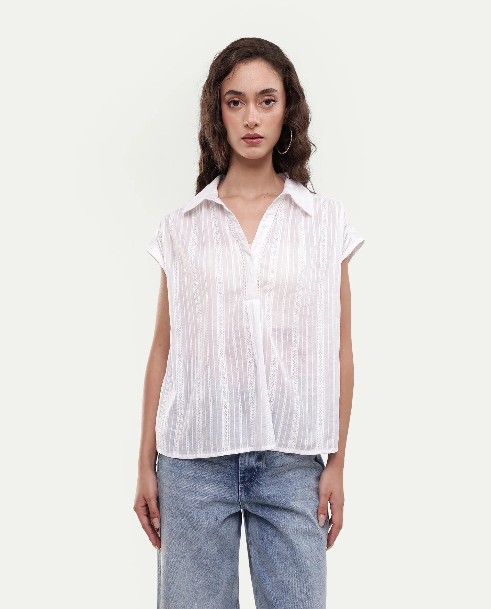 Rareism Women's Koya Off White Cotton Mandarin Collar Regular Plain Top