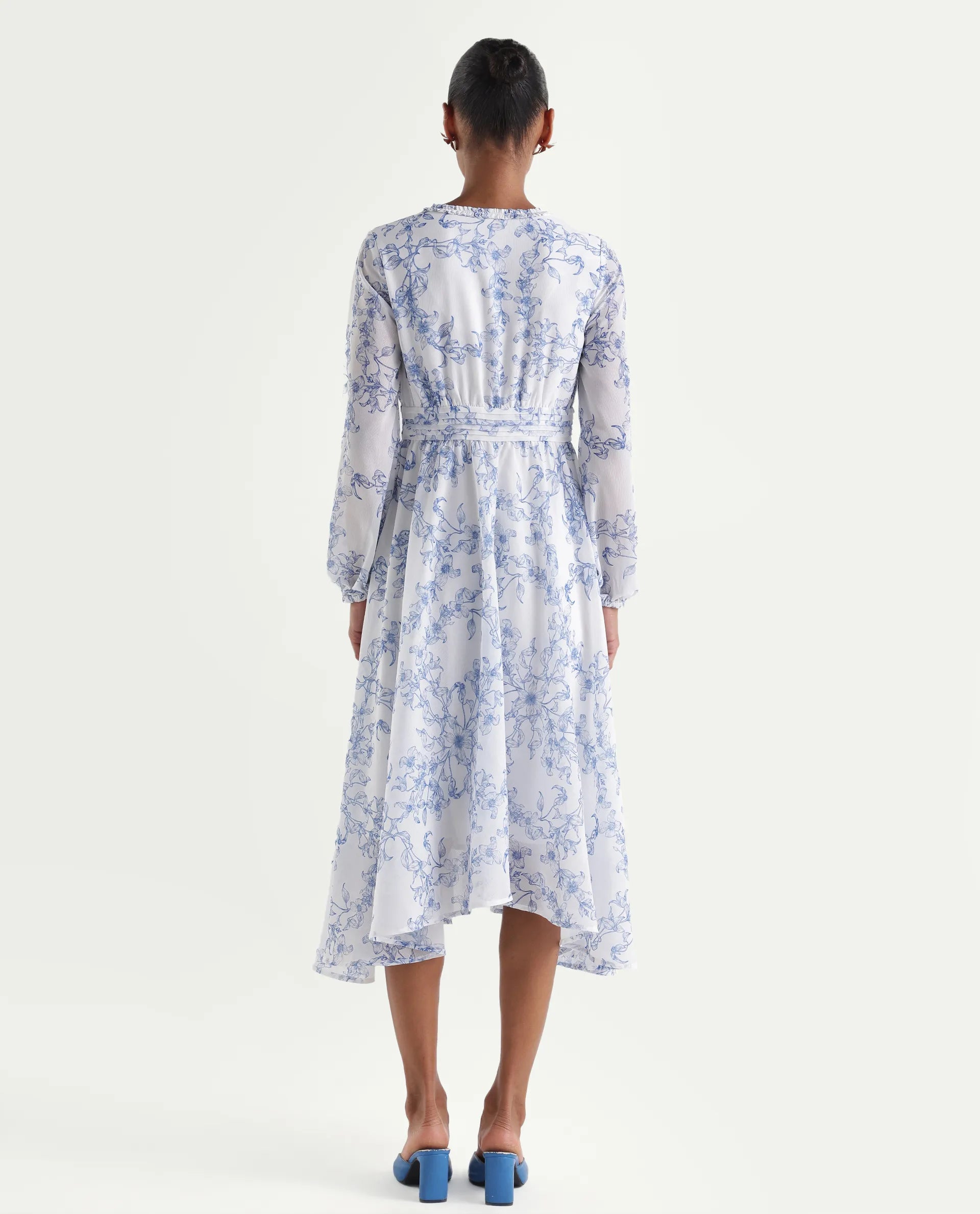 Rareism Women's Kriko Off White Polyester Ruffled Neck Asymmetric Ornamental Print Dress