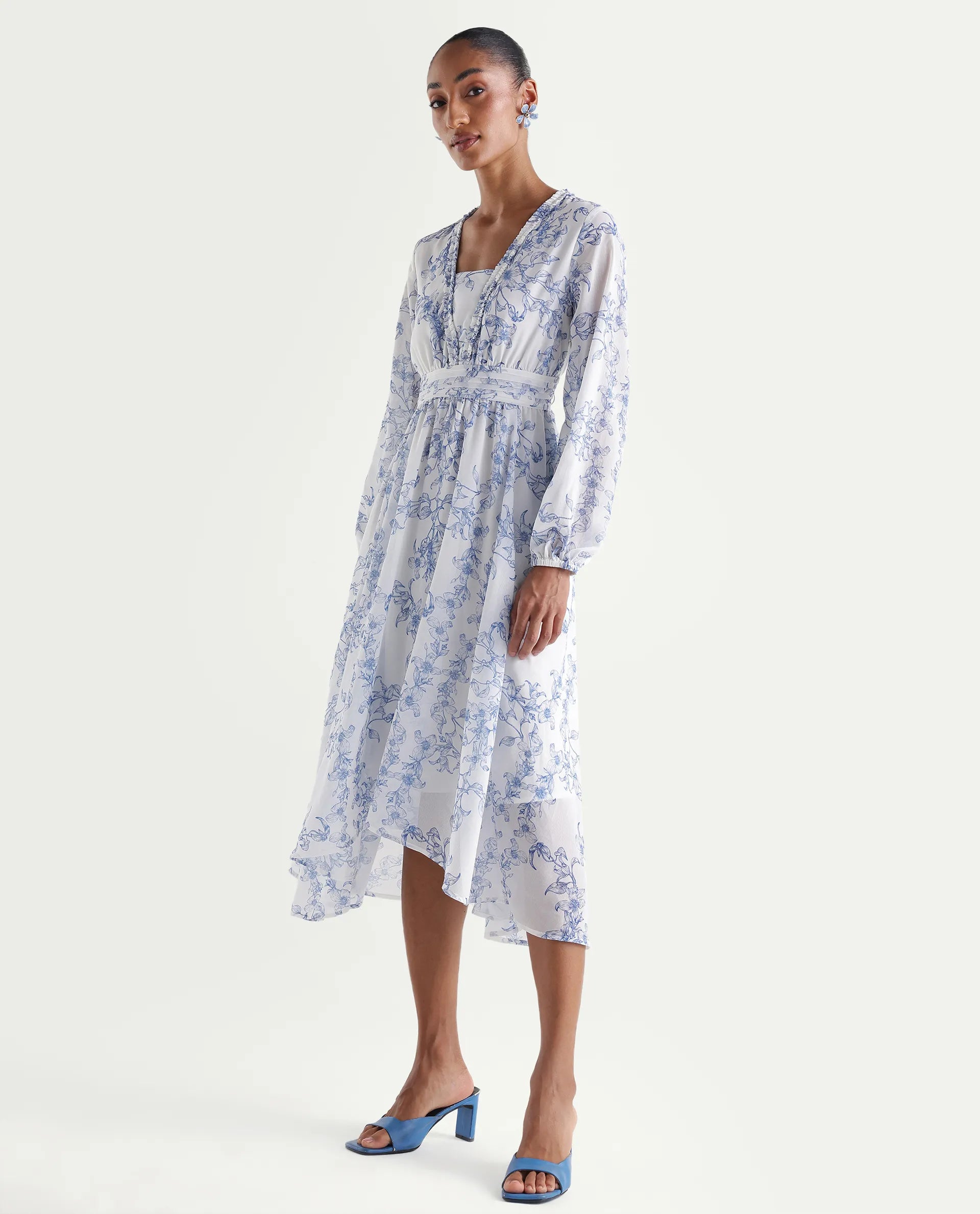 Rareism Women's Kriko Off White Polyester Ruffled Neck Asymmetric Ornamental Print Dress