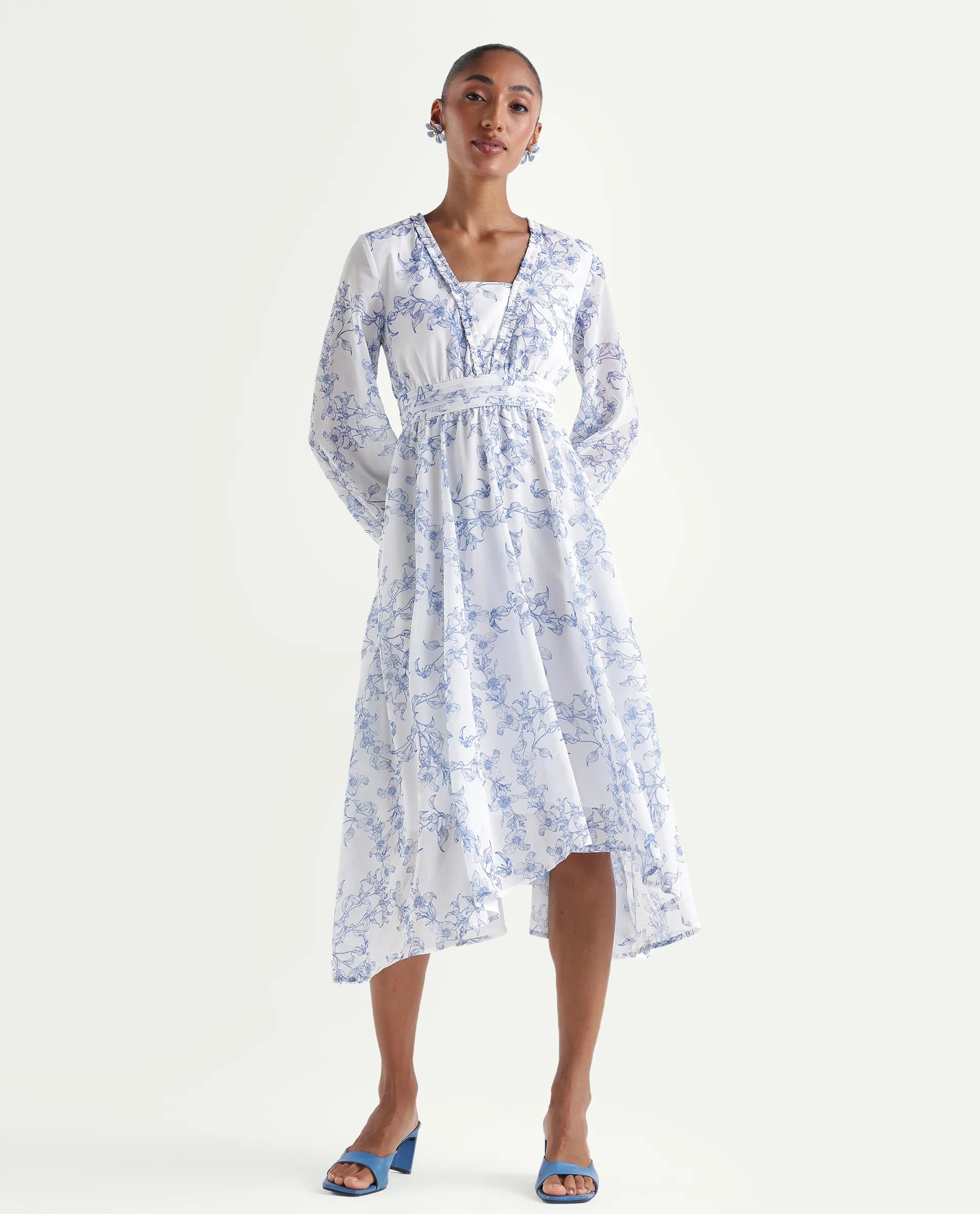 Rareism Women's Kriko Off White Polyester Ruffled Neck Asymmetric Ornamental Print Dress
