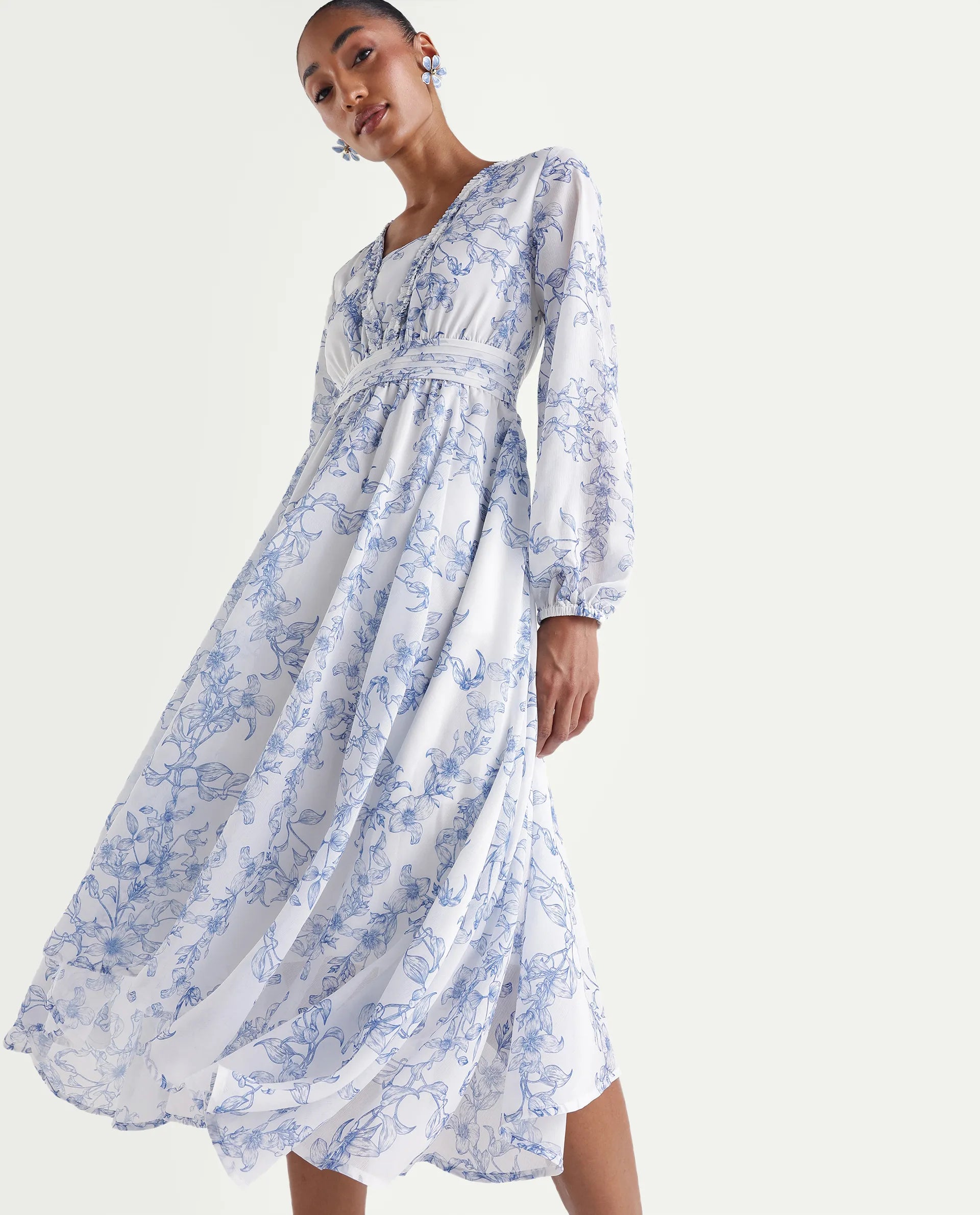 Rareism Women's Kriko Off White Polyester Ruffled Neck Asymmetric Ornamental Print Dress