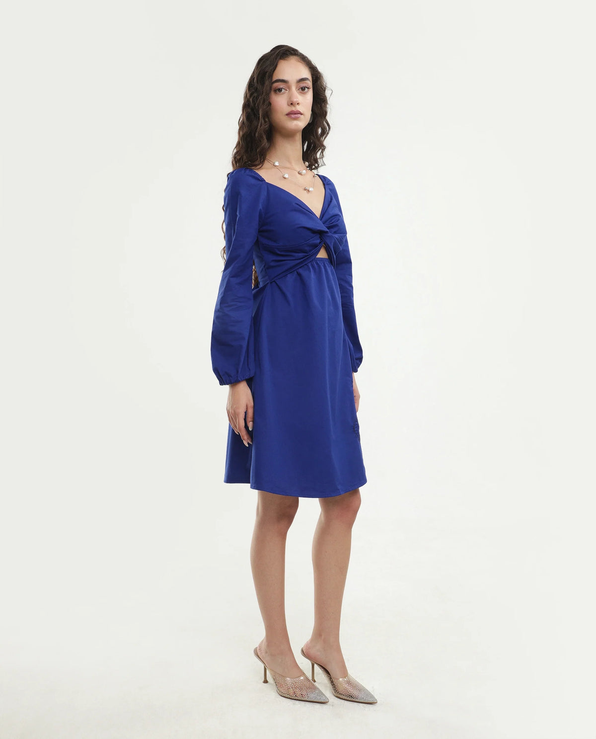 Rareism Women's Krite Navy Cotton Fabric V-Neck Fit And Flare Embroidered Dress