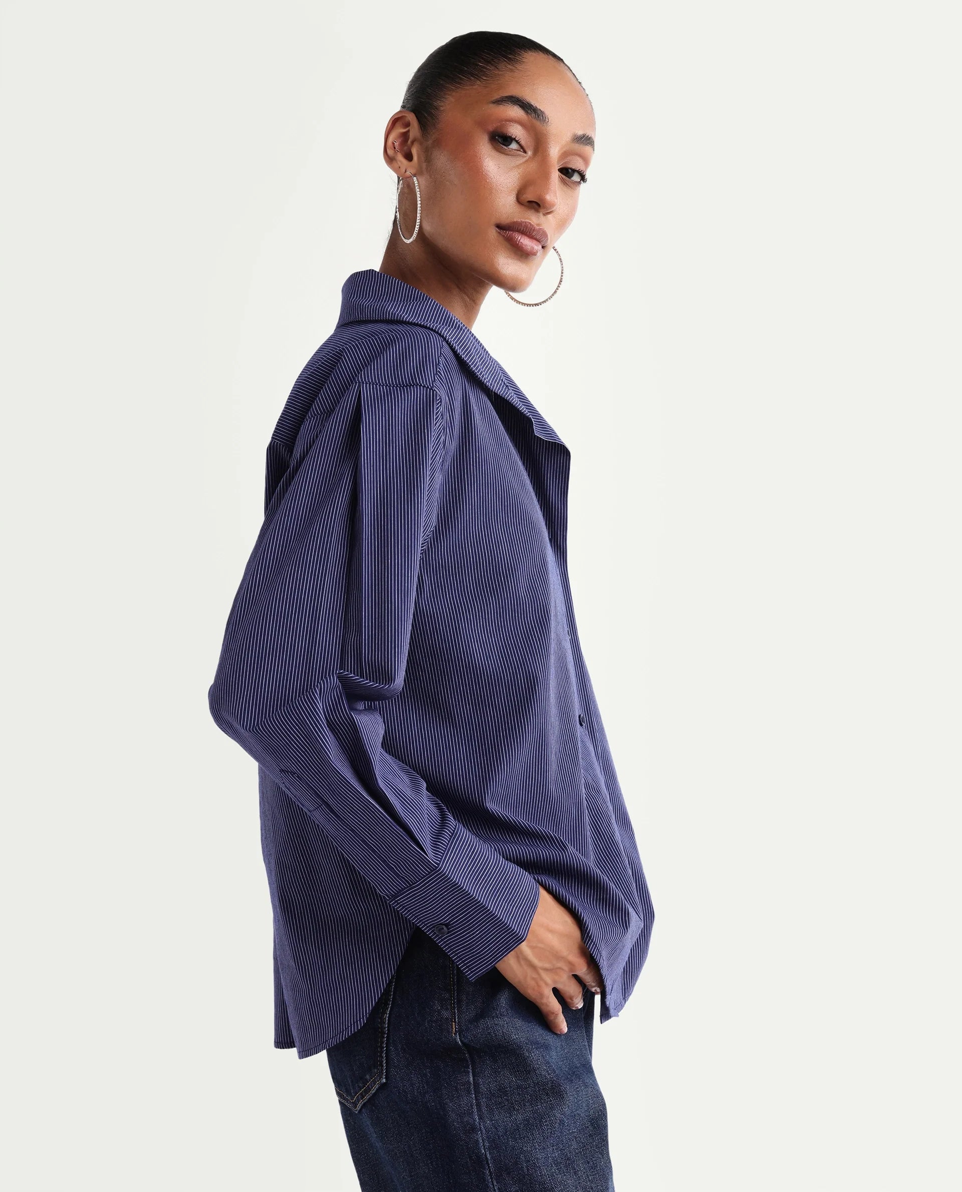 Rareism Women's Krome Blue Cotton Spread Collar Relaxed Striped Shirt