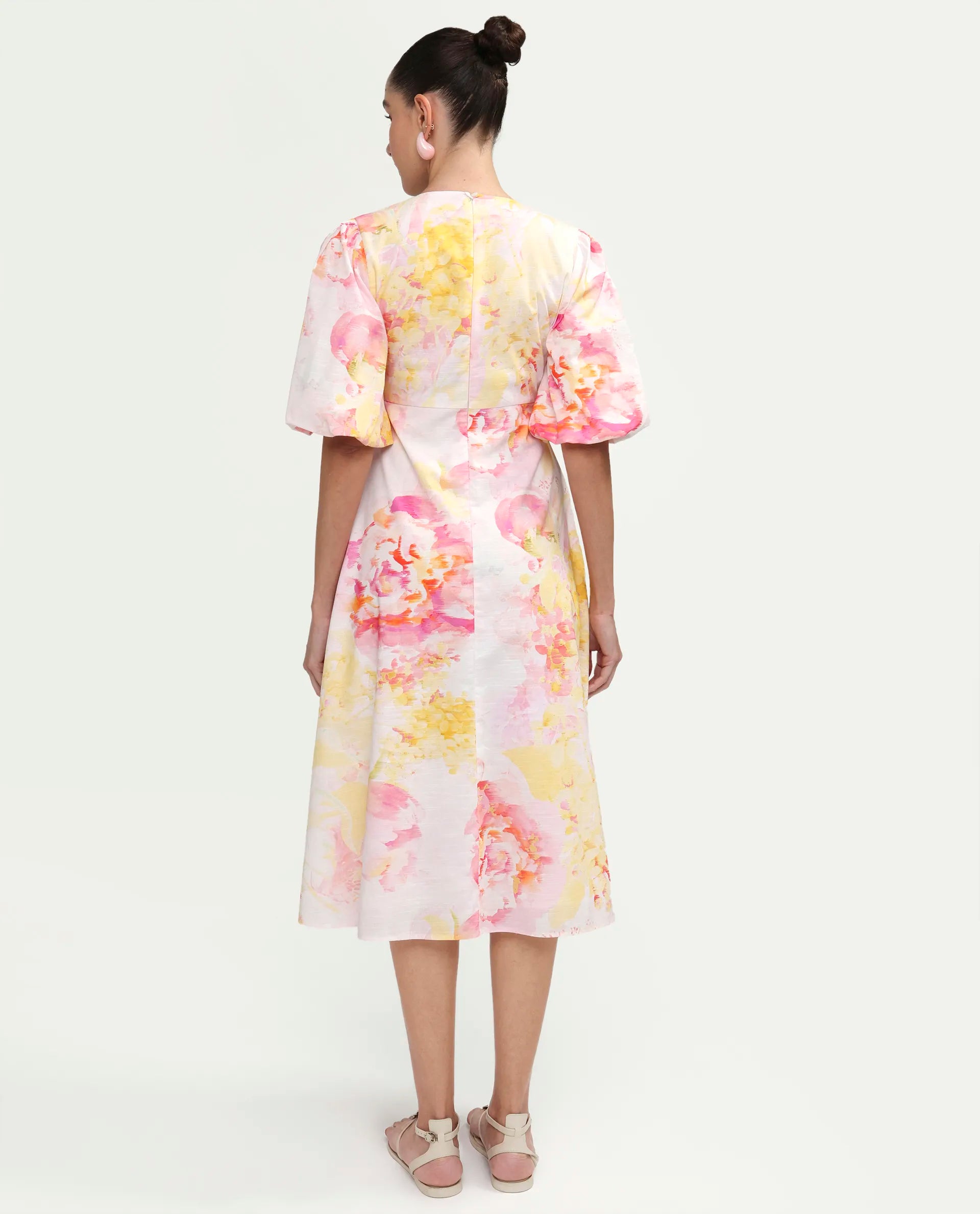 Rareism Women's Mizi Multi Cotton Half Sleeve Over Lap Flared Floral Print Dress