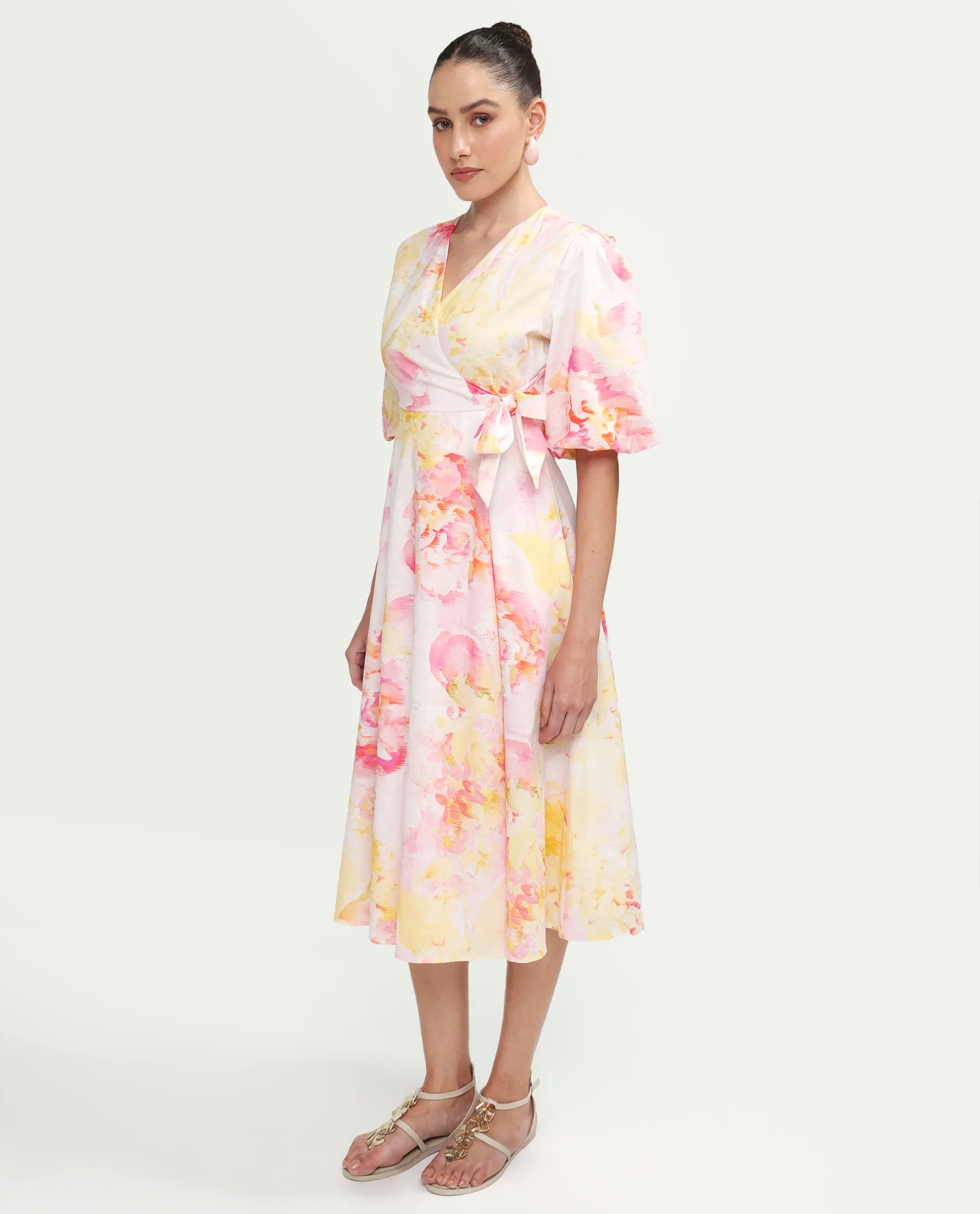 Rareism Women's Mizi Multi Cotton Half Sleeve Over Lap Flared Floral Print Dress